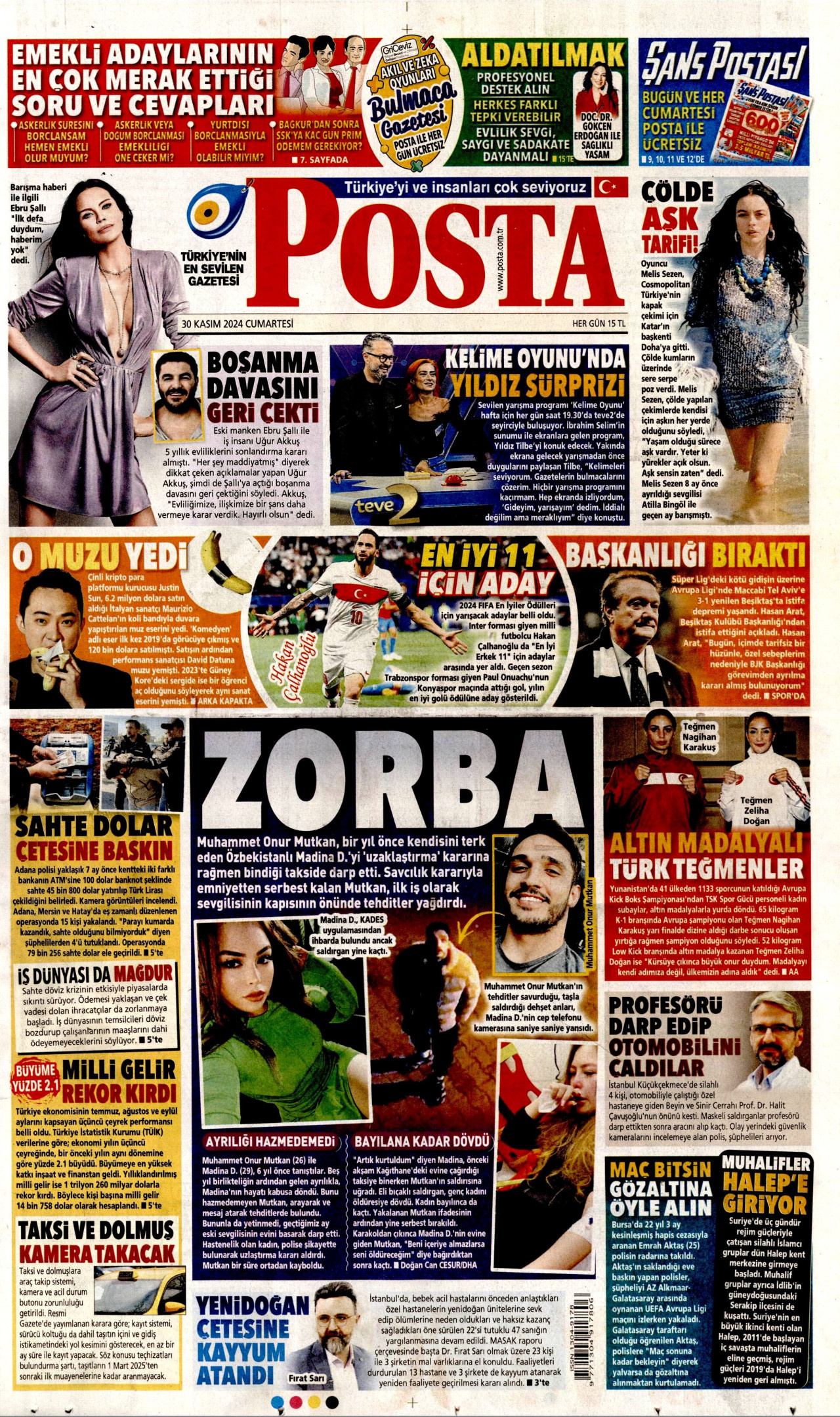 POSTA gazetesinin 30 Kasım 2024 tarihli birinci sayfası