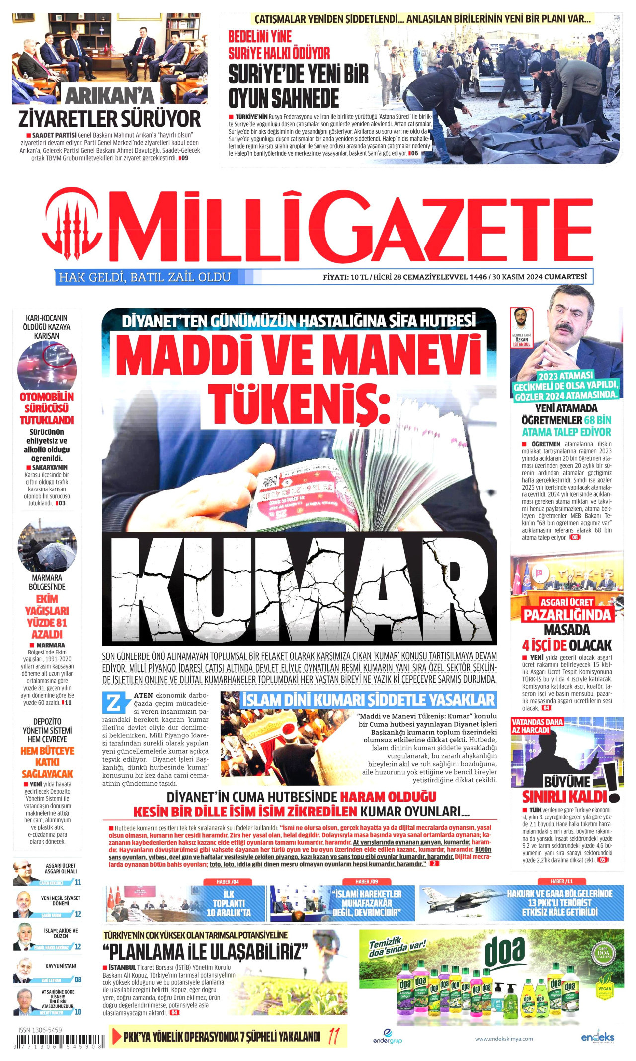 MİLLİ GAZETE gazetesinin 30 Kasım 2024 tarihli birinci sayfası