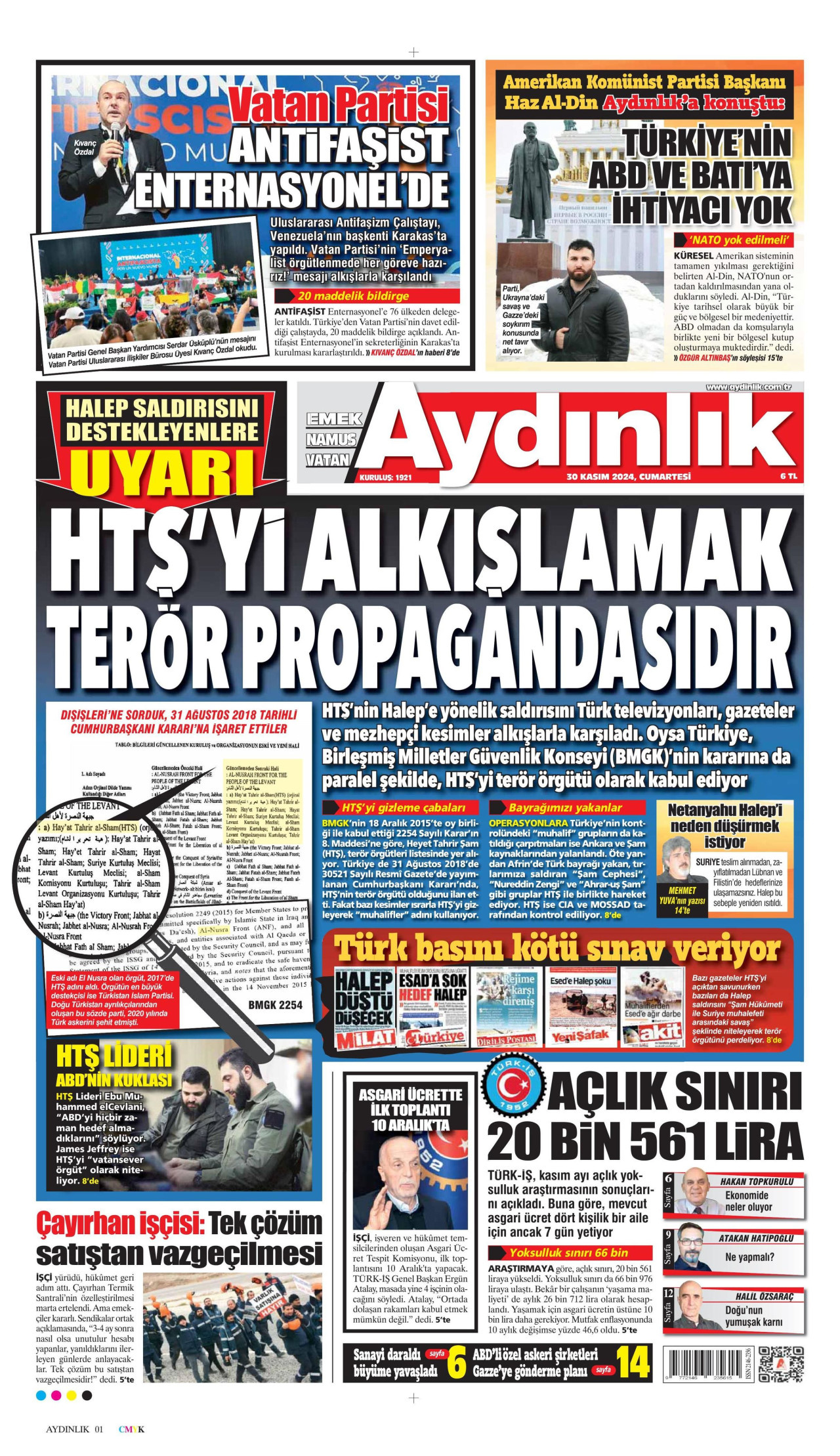 AYDINLIK GAZETESİ gazetesinin 30 Kasım 2024 tarihli birinci sayfası