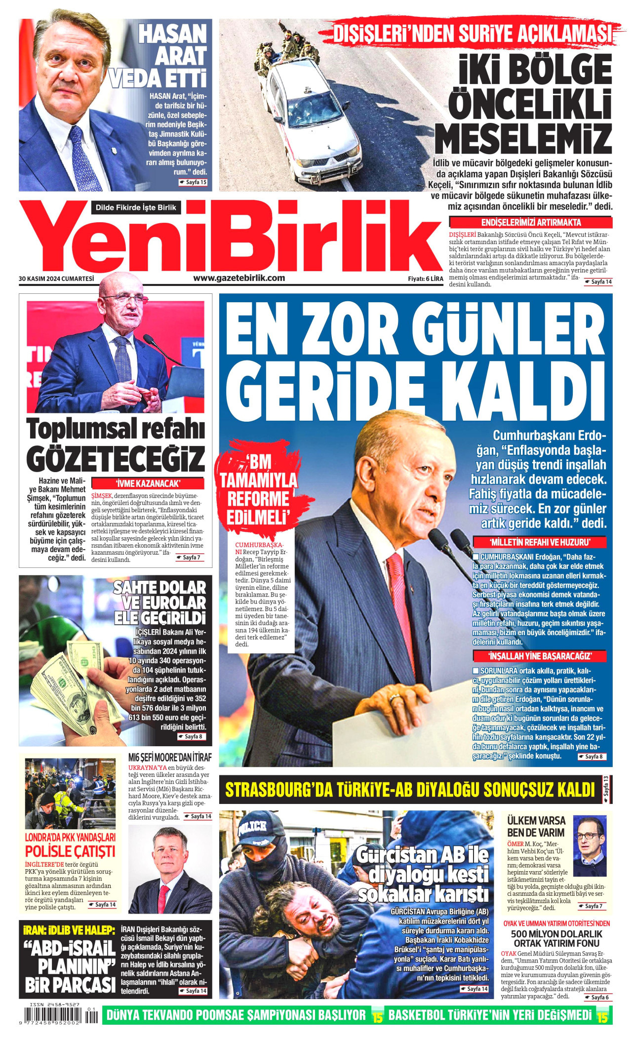YENİBİRLİK gazetesinin 30 Kasım 2024 tarihli birinci sayfası