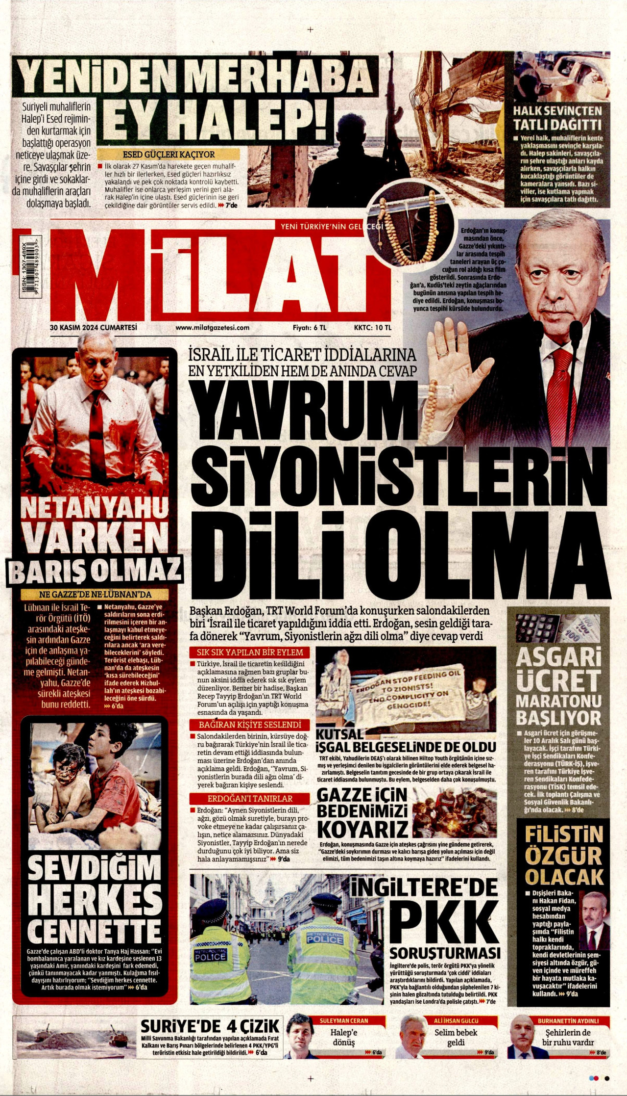 MİLAT gazetesinin 30 Kasım 2024 tarihli birinci sayfası