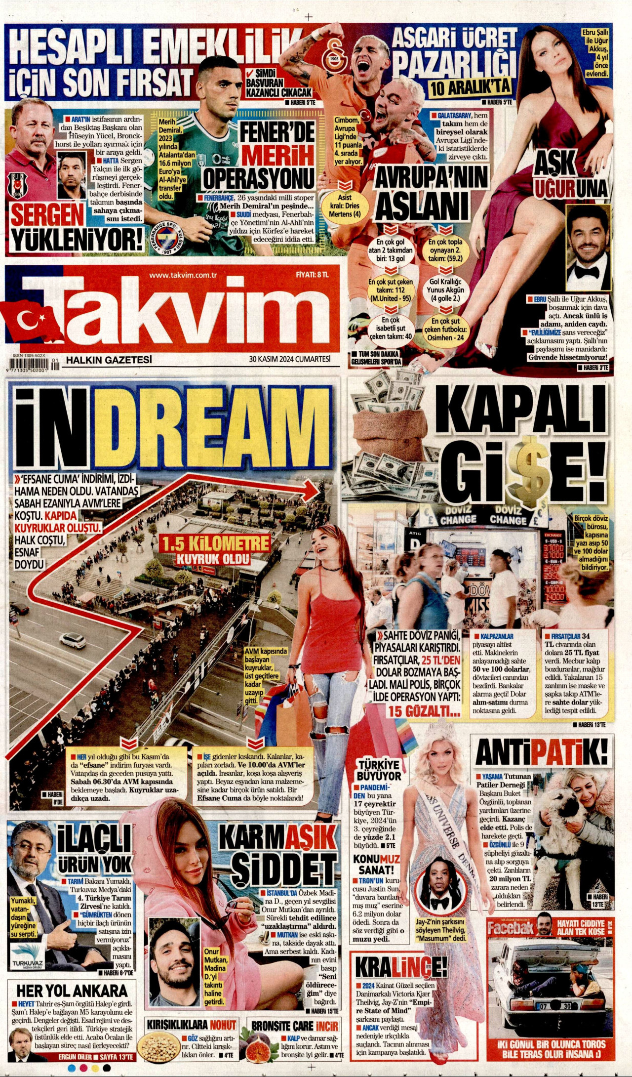 TAKVİM gazetesinin 30 Kasım 2024 tarihli birinci sayfası