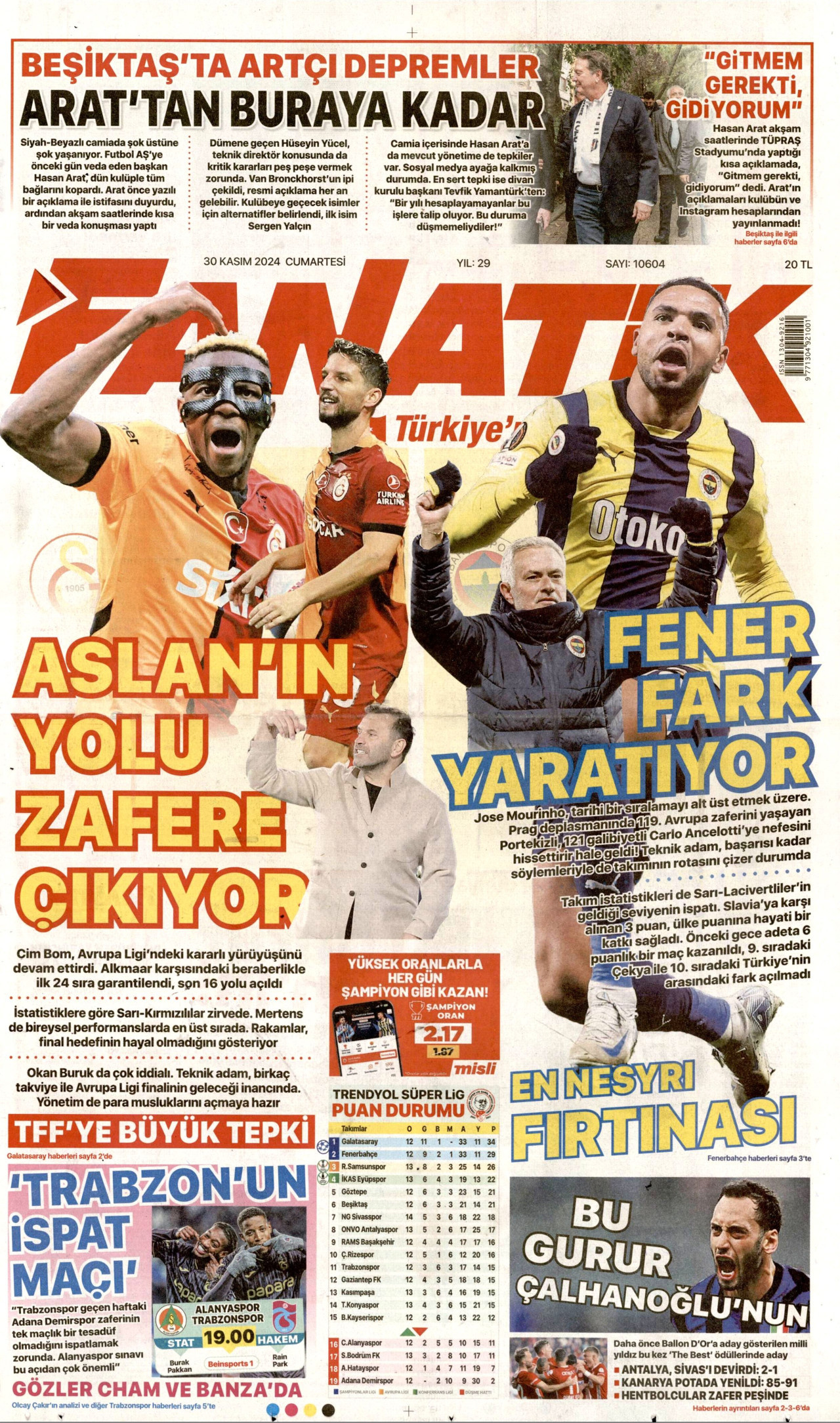 FANATİK gazetesinin 30 Kasım 2024 tarihli birinci sayfası