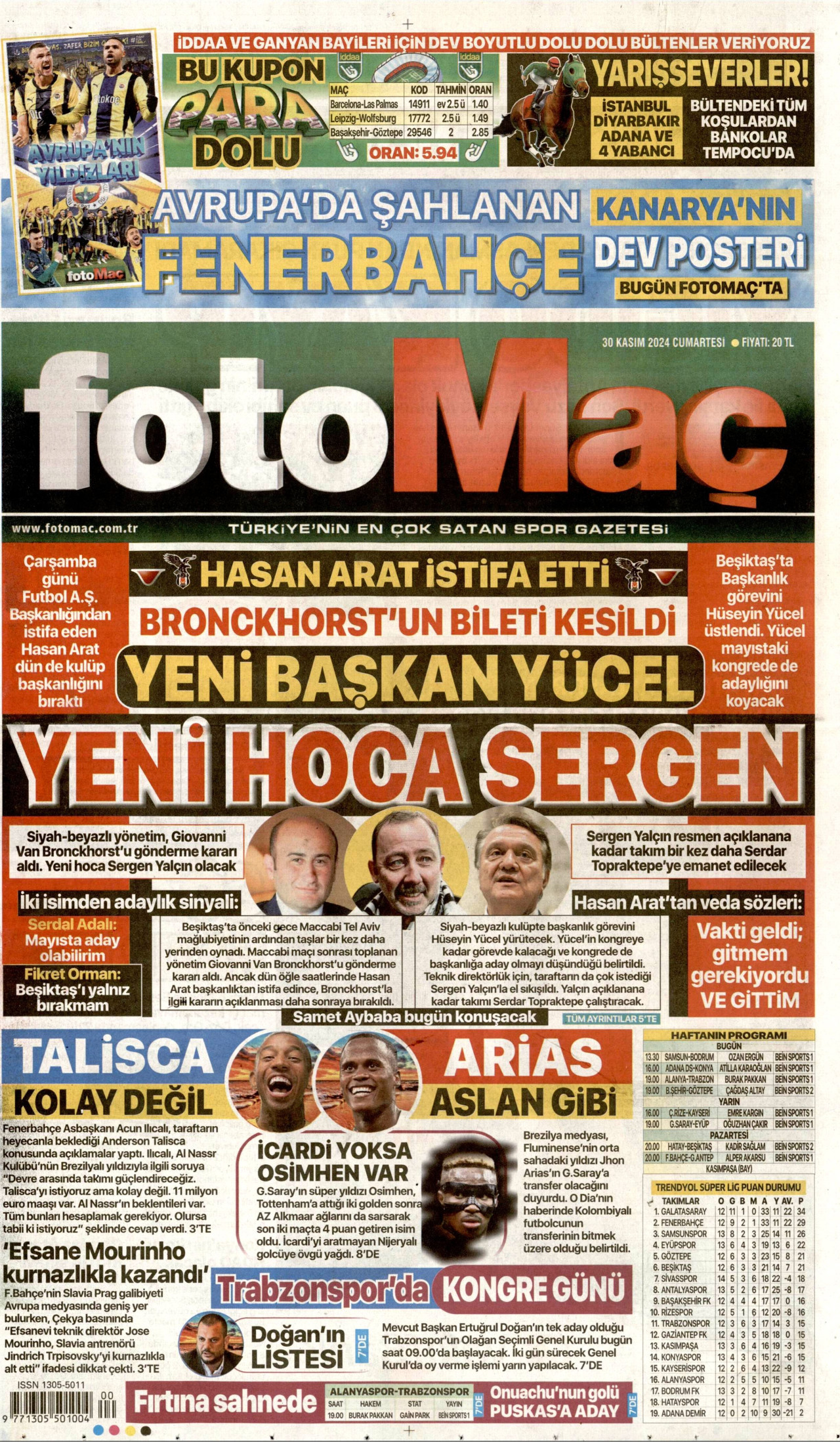 FOTOMAÇ gazetesinin 30 Kasım 2024 tarihli birinci sayfası