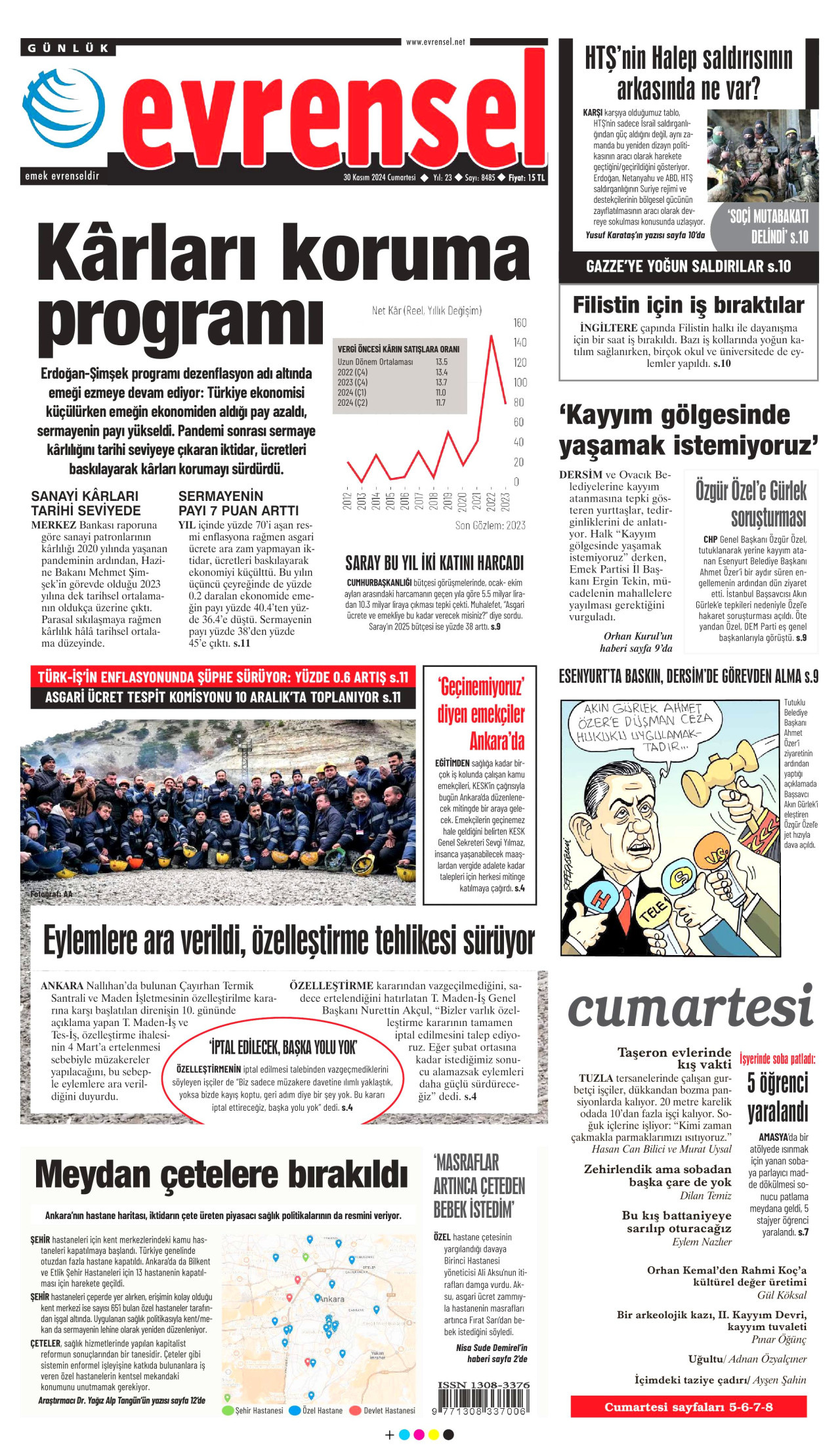 EVRENSEL gazetesinin 30 Kasım 2024 tarihli birinci sayfası