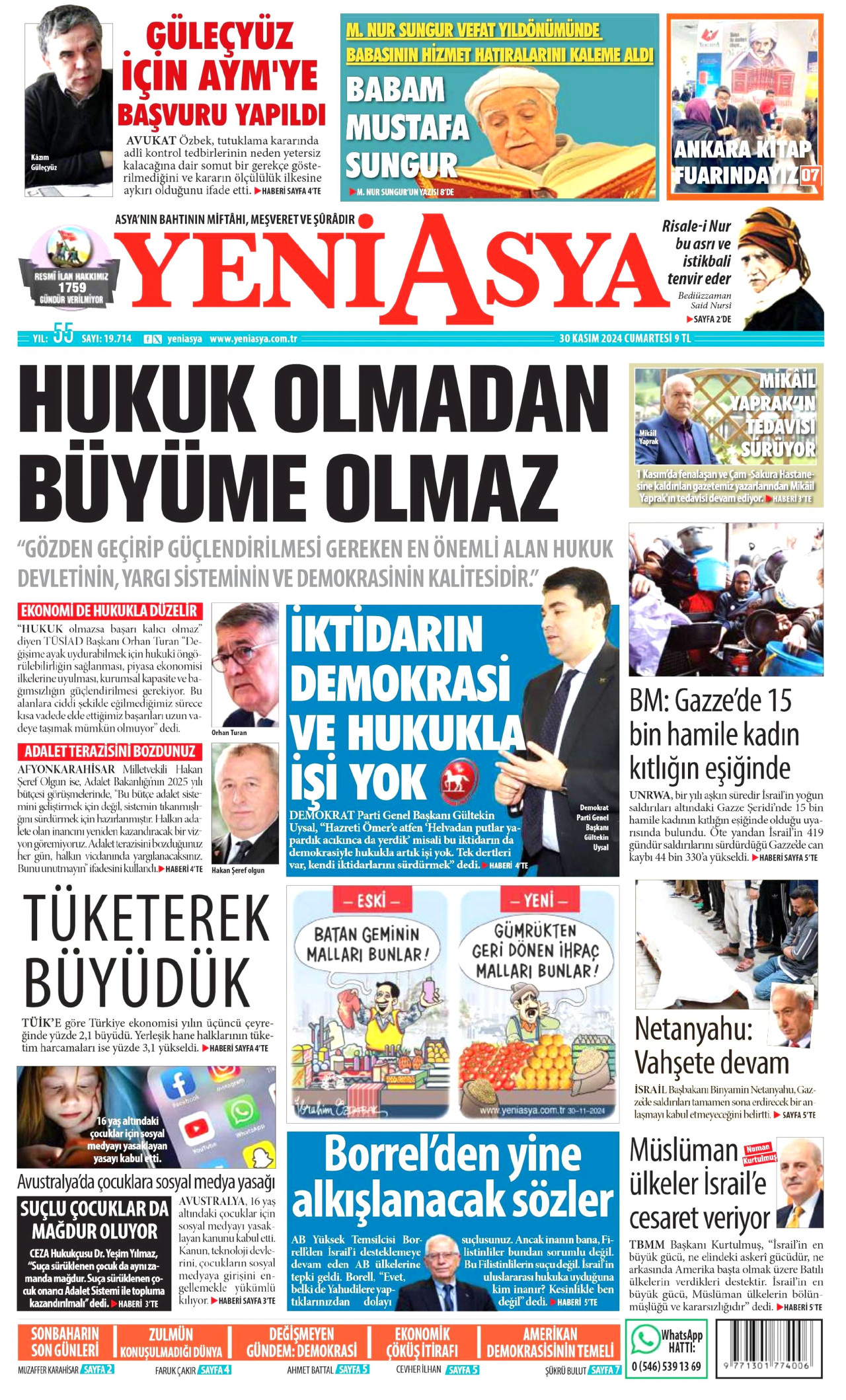 YENİ ASYA gazetesinin 30 Kasım 2024 tarihli birinci sayfası