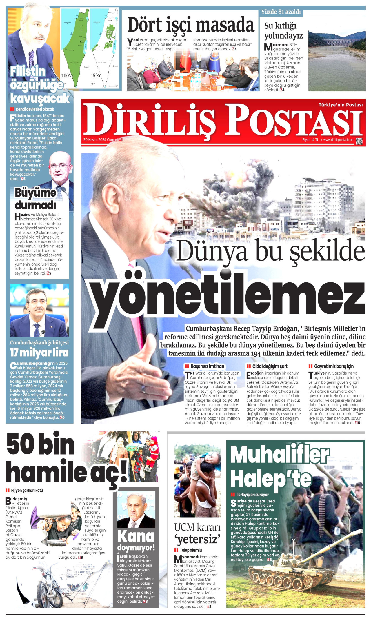 DİRİLİŞ POSTASI gazetesinin 30 Kasım 2024 tarihli birinci sayfası