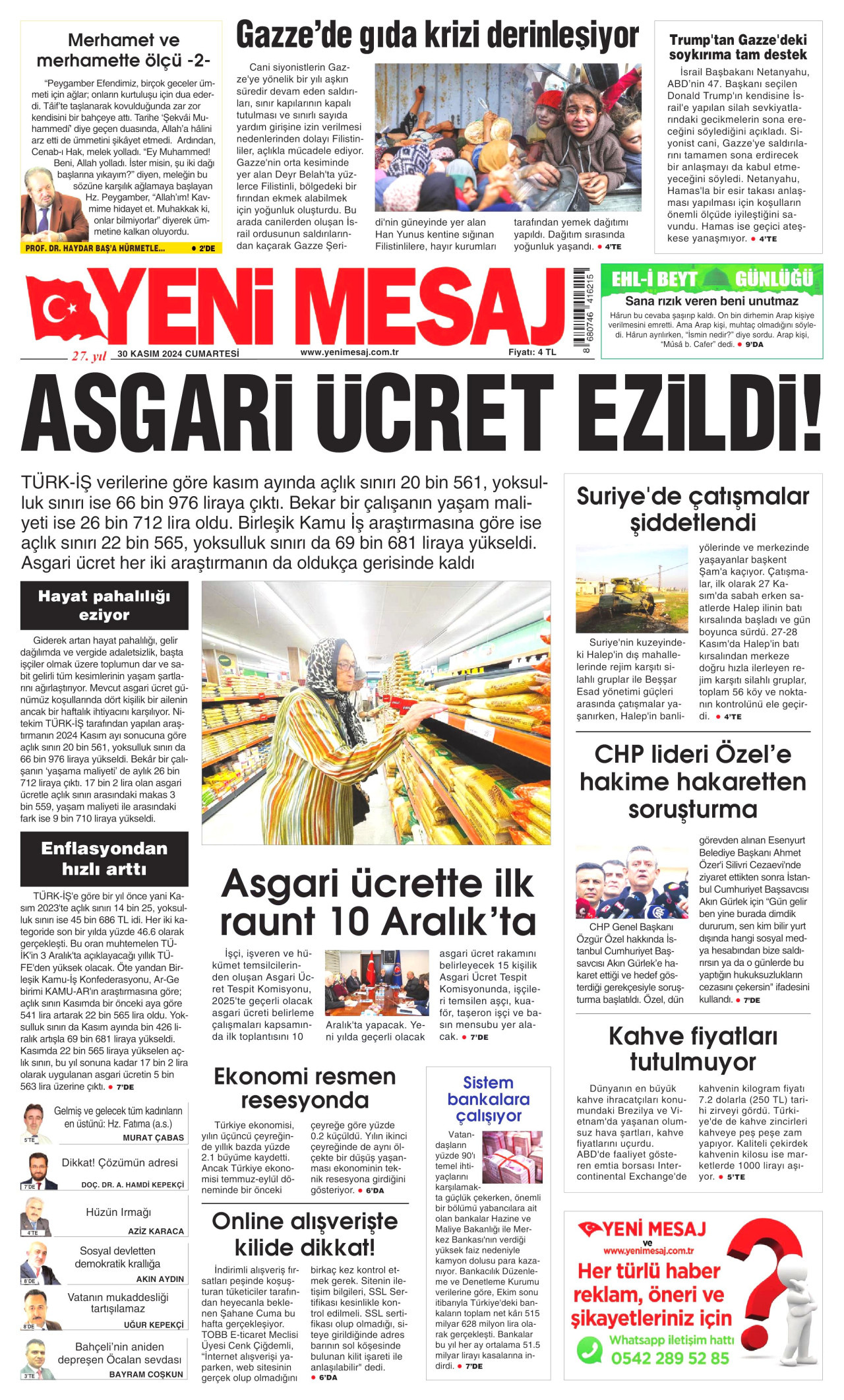 YENİ MESAJ gazetesinin 30 Kasım 2024 tarihli birinci sayfası