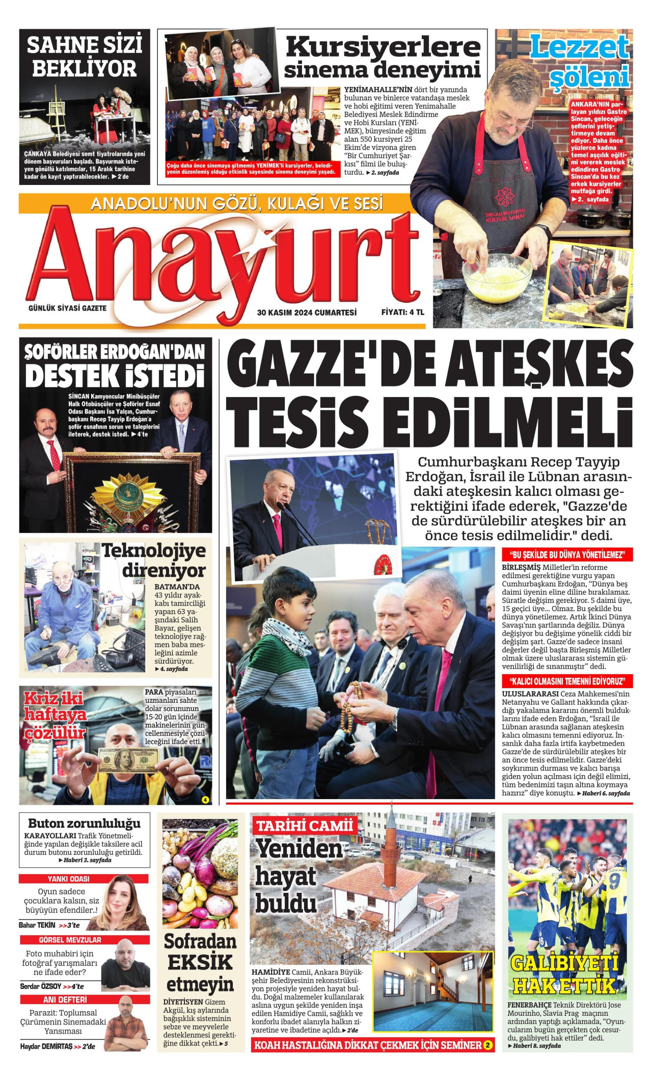 ANAYURT gazetesinin 30 Kasım 2024 tarihli birinci sayfası