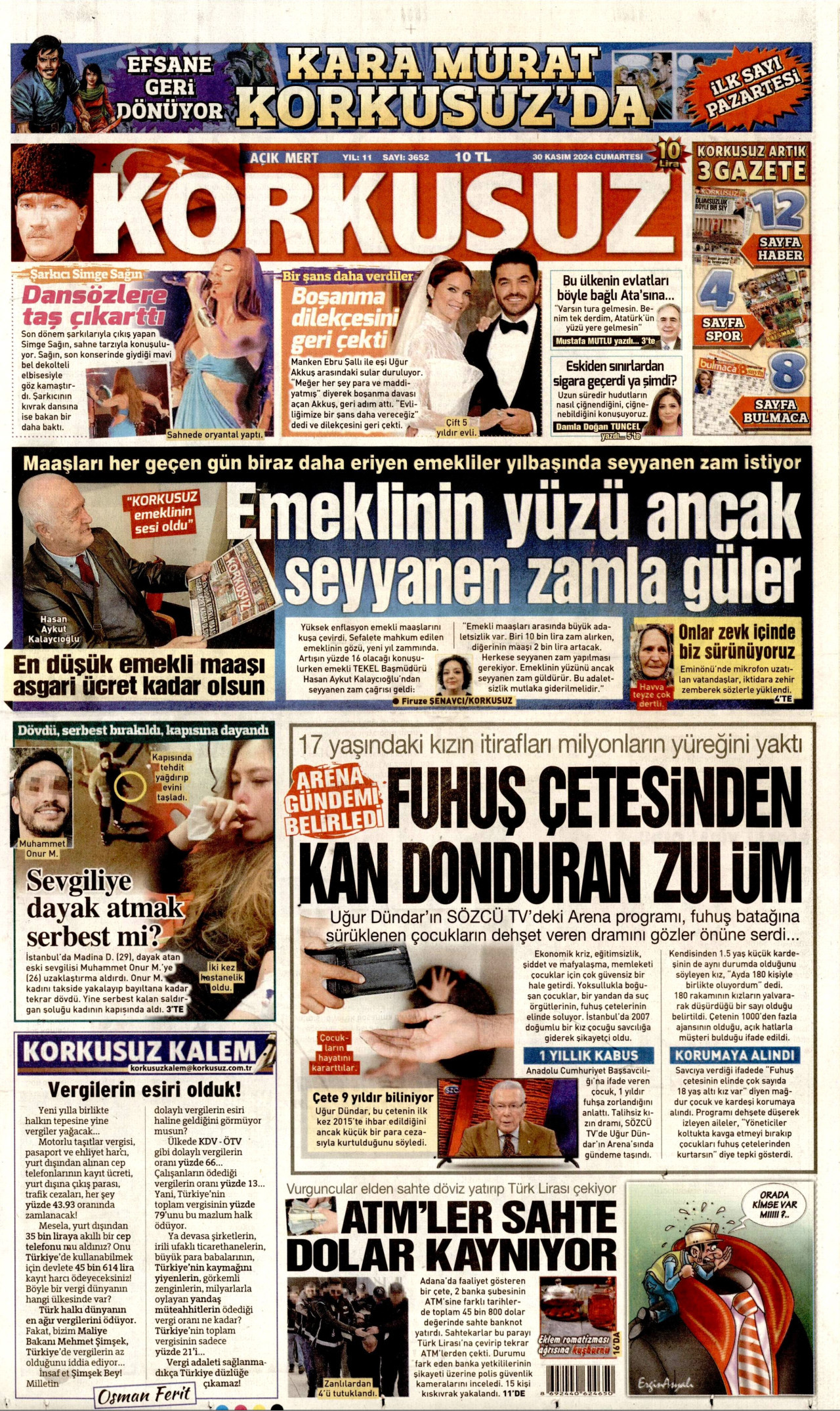 KORKUSUZ gazetesinin 30 Kasım 2024 tarihli birinci sayfası
