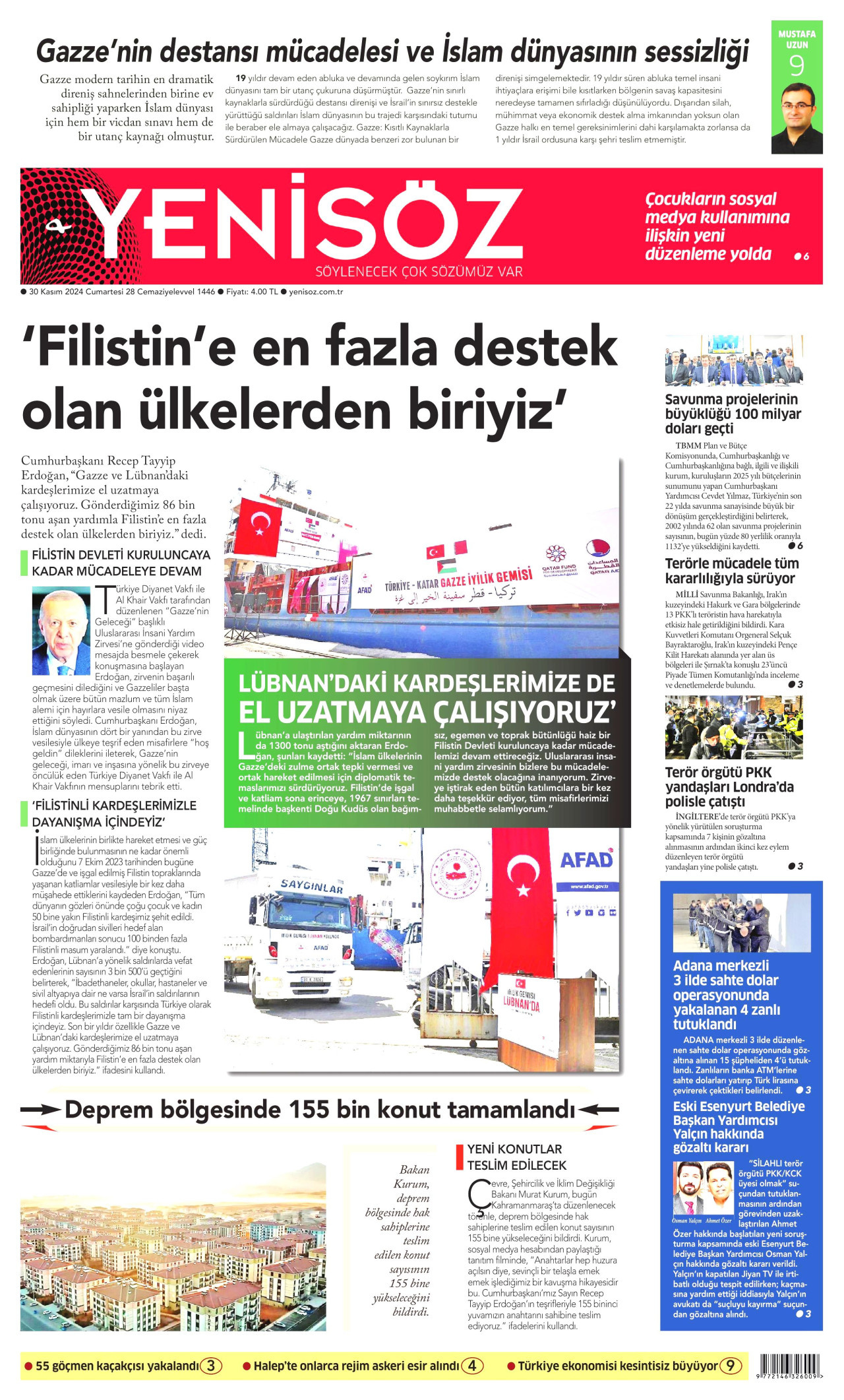 YENİ SÖZ GAZETESİ gazetesinin 30 Kasım 2024 tarihli birinci sayfası