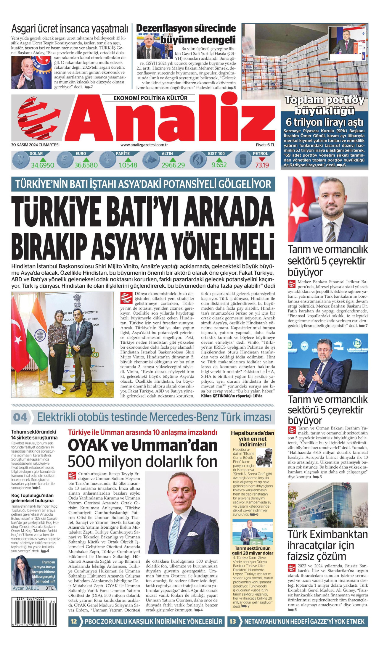 ANALİZ gazetesinin 30 Kasım 2024 tarihli birinci sayfası