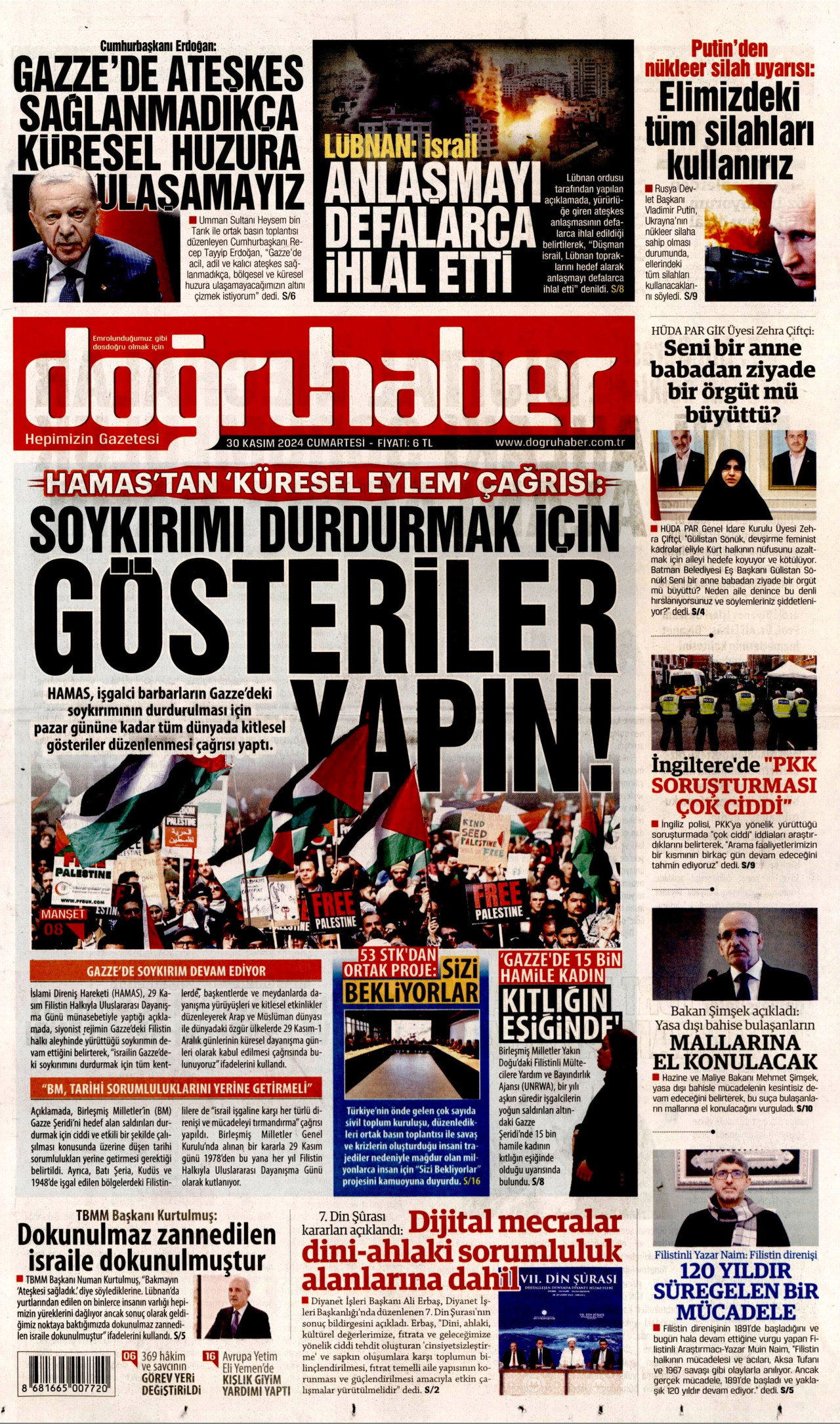 DOĞRU HABER gazetesinin 30 Kasım 2024 tarihli birinci sayfası