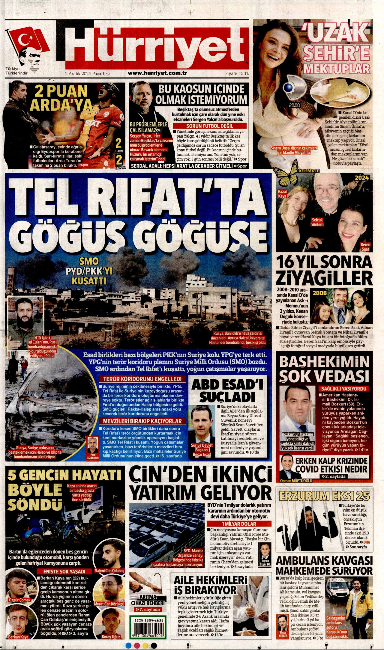 HÜRRİYET gazetesinin 2 Aralık 2024 tarihli birinci sayfası