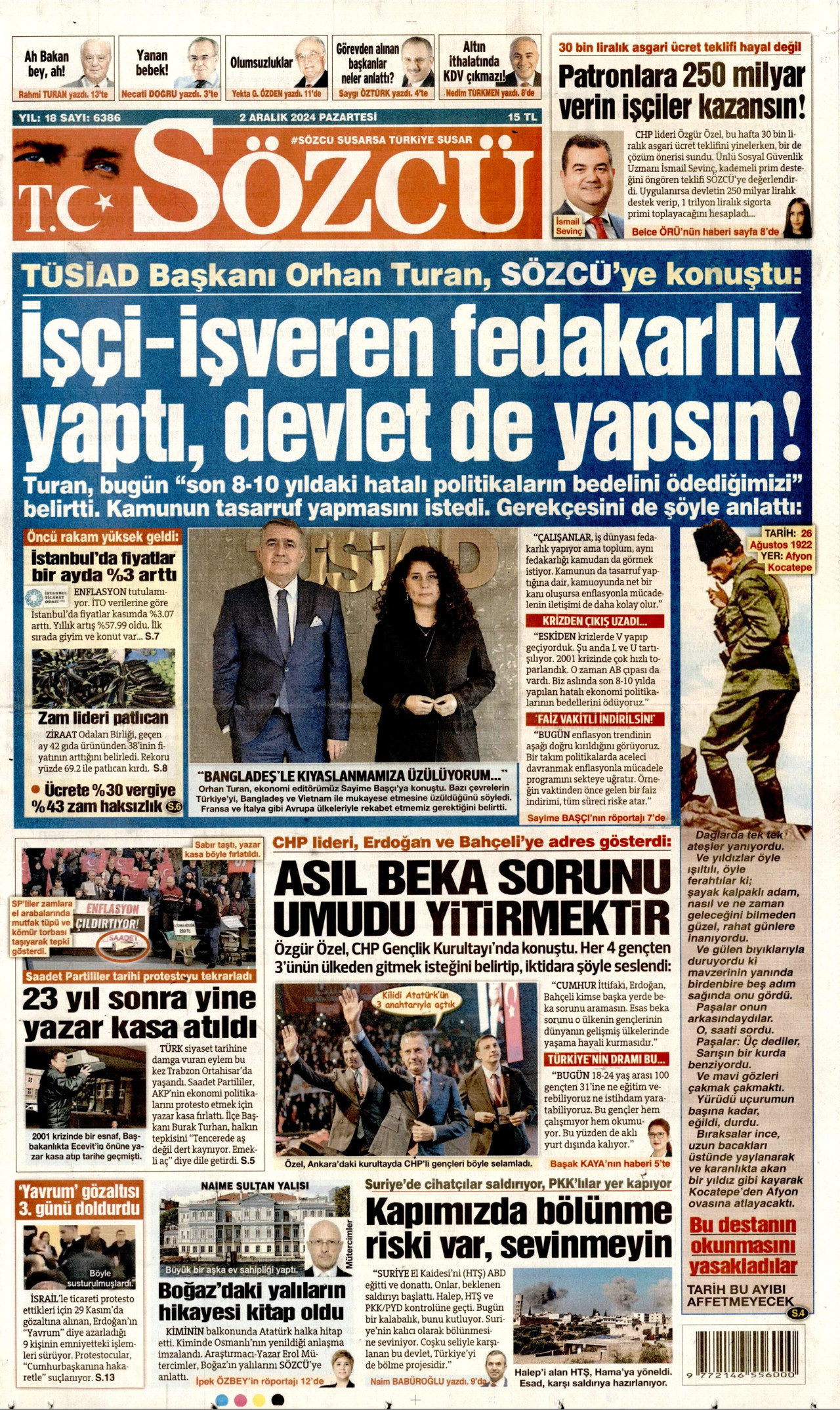 SÖZCÜ gazetesinin 2 Aralık 2024 tarihli birinci sayfası