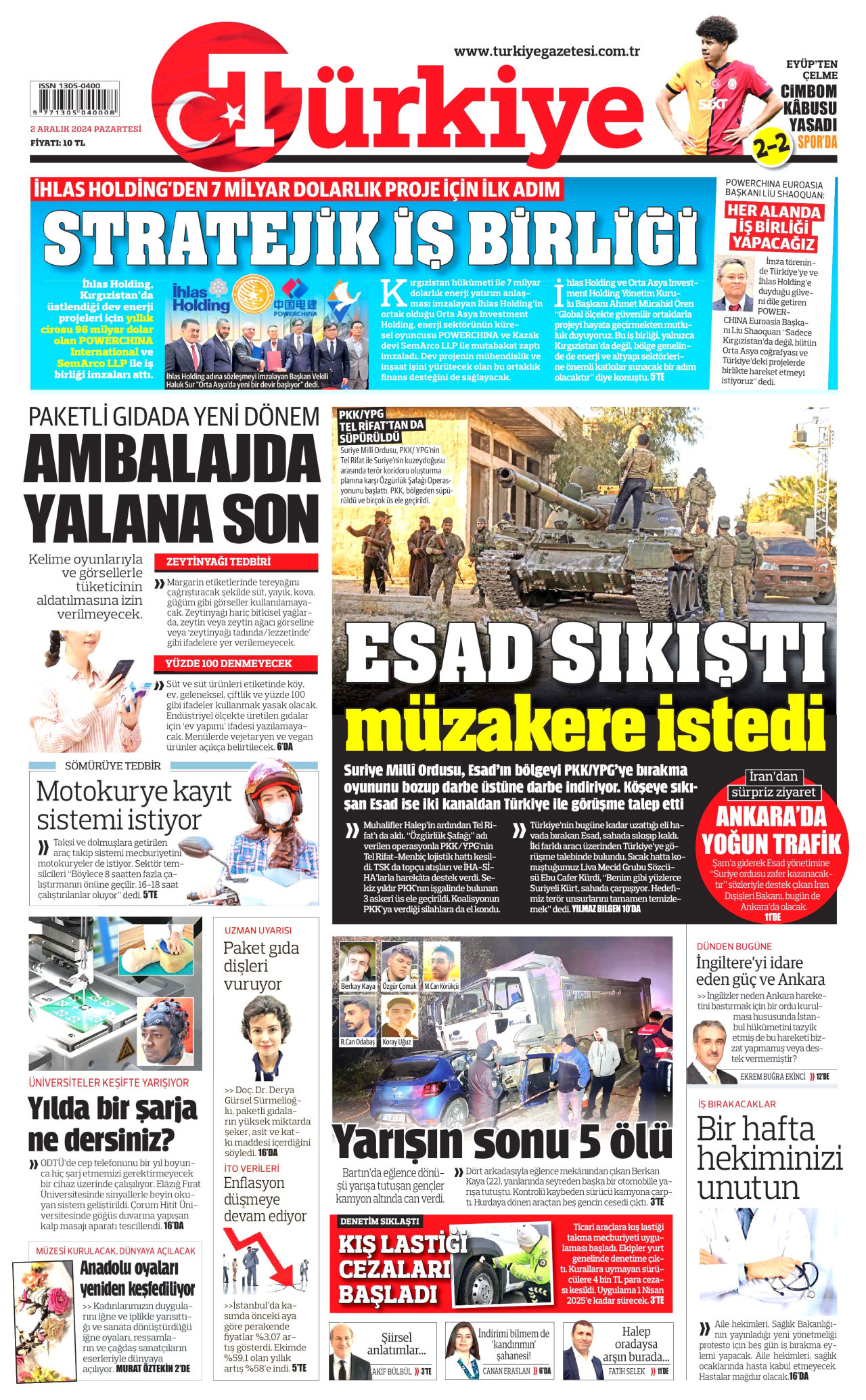 TÜRKİYE GAZETESİ gazetesinin 2 Aralık 2024 tarihli birinci sayfası