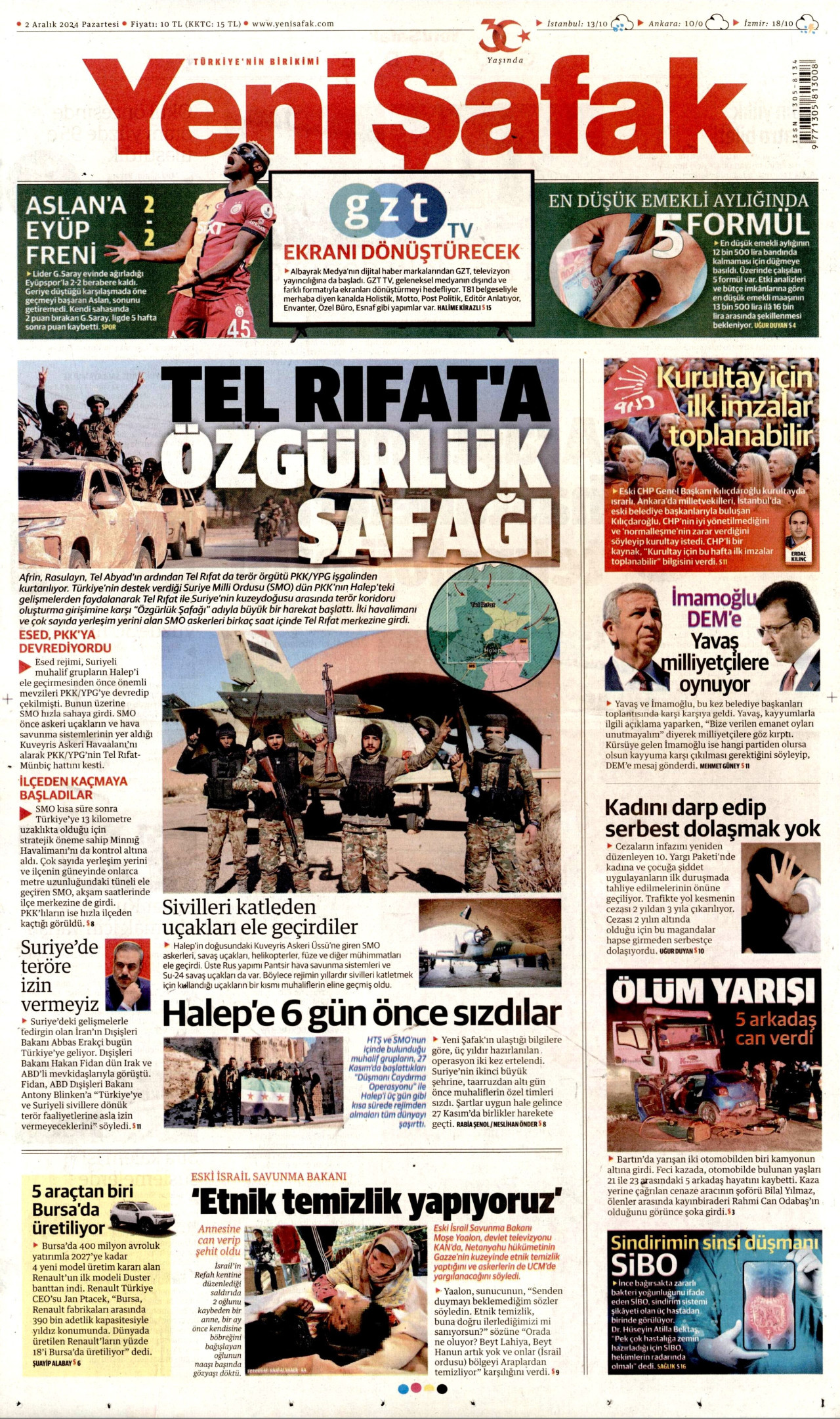 YENİ ŞAFAK gazetesinin 2 Aralık 2024 tarihli birinci sayfası