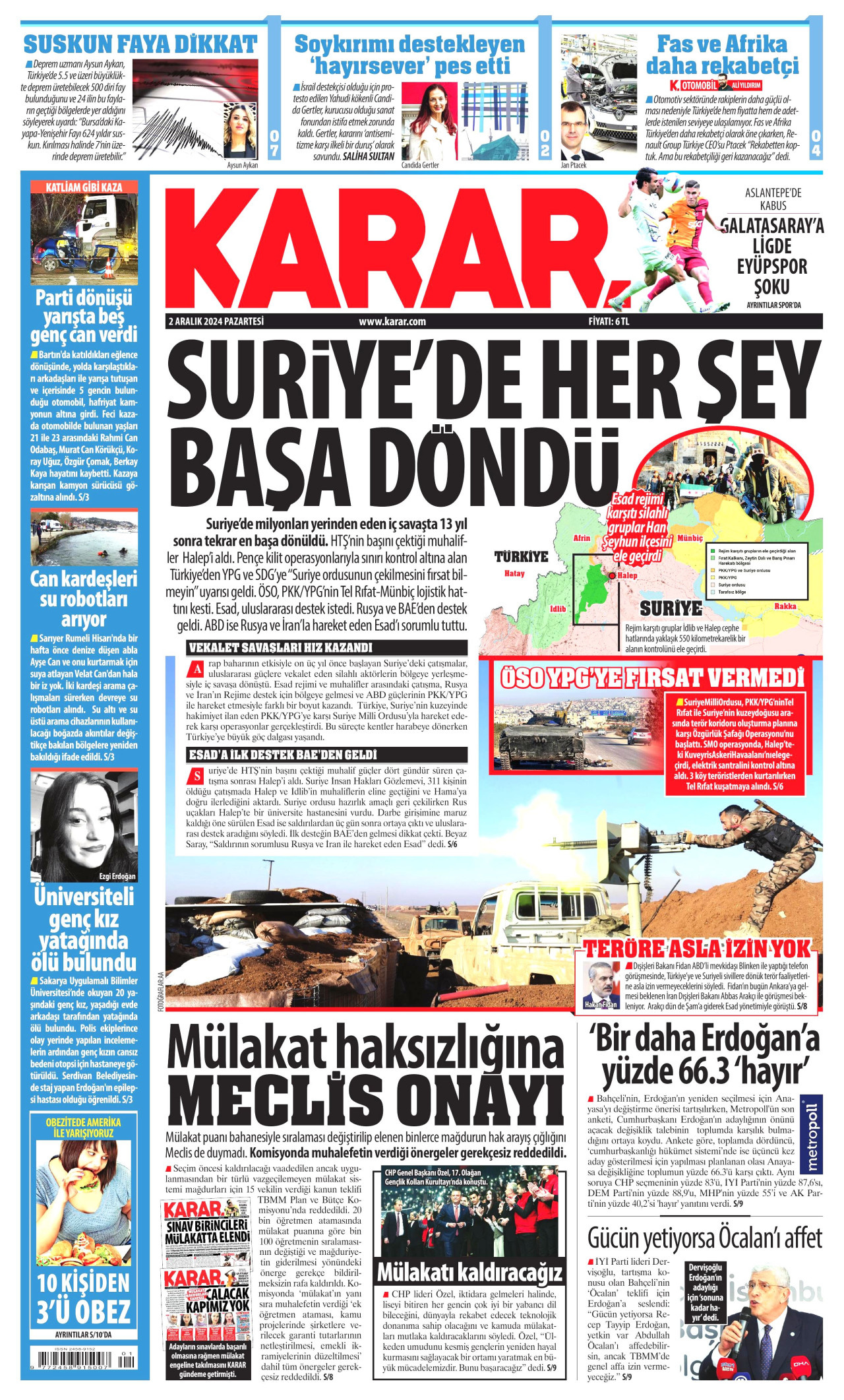 KARAR gazetesinin 2 Aralık 2024 tarihli birinci sayfası