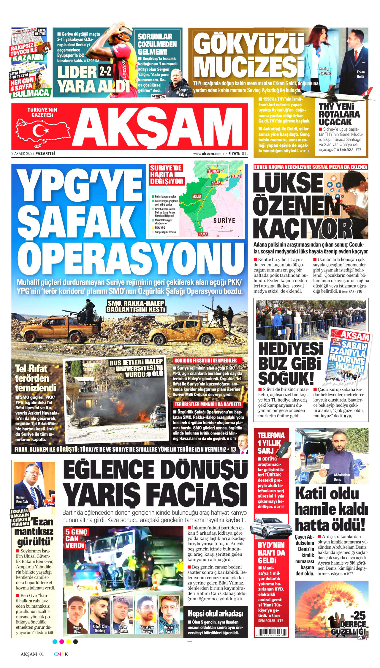 AKŞAM gazetesinin 2 Aralık 2024 tarihli birinci sayfası