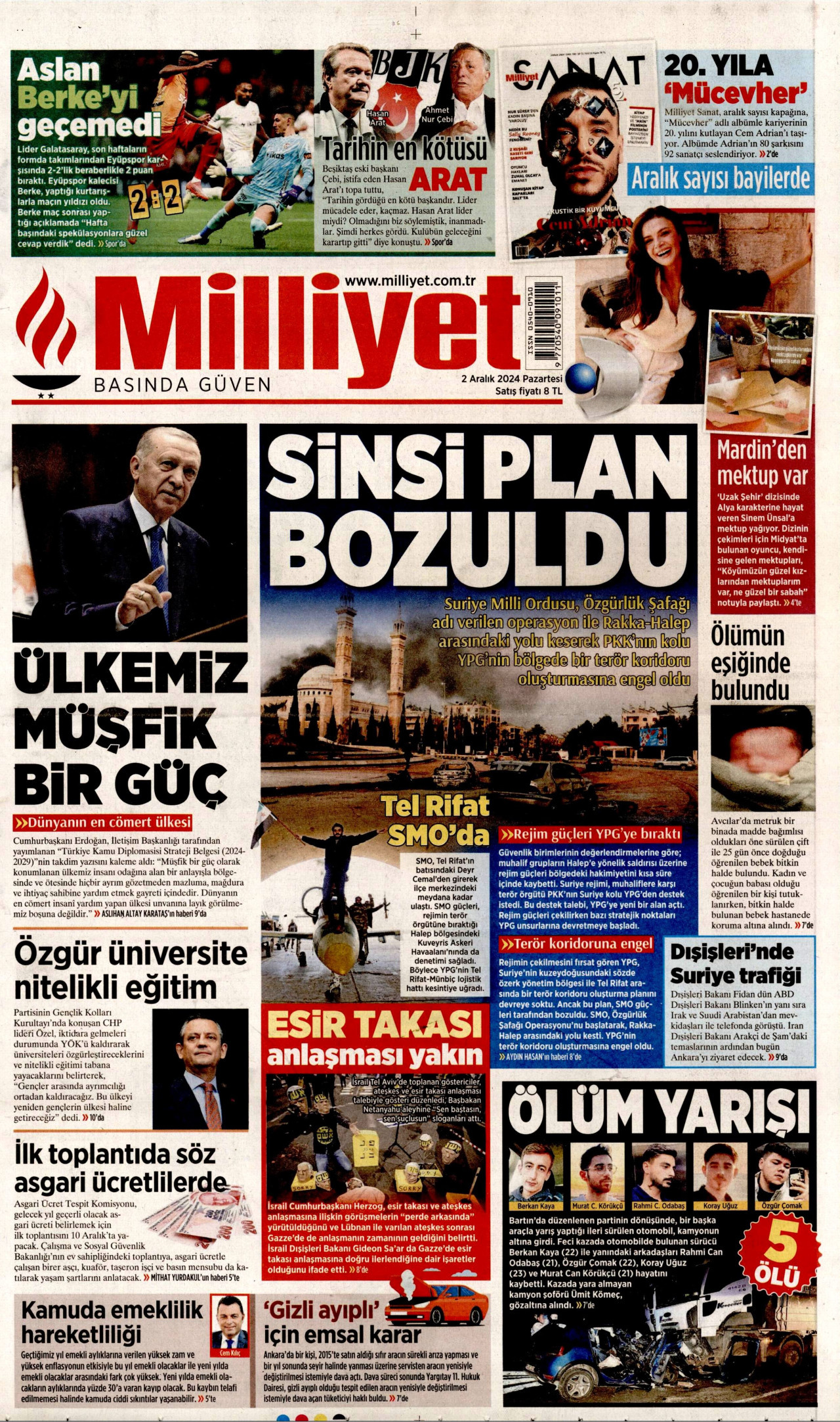 MİLLİYET gazetesinin 2 Aralık 2024 tarihli birinci sayfası