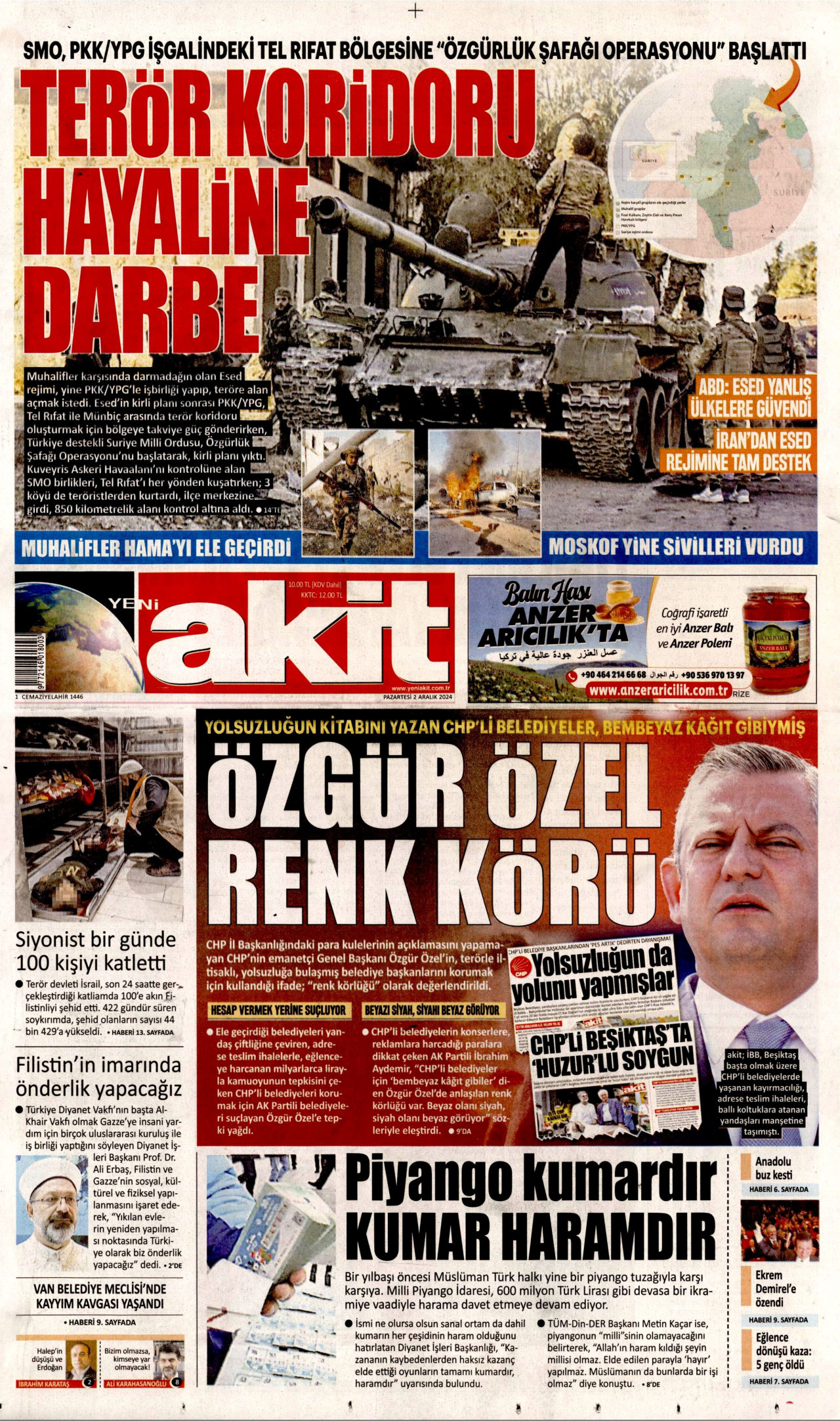YENİ AKİT gazetesinin 2 Aralık 2024 tarihli birinci sayfası