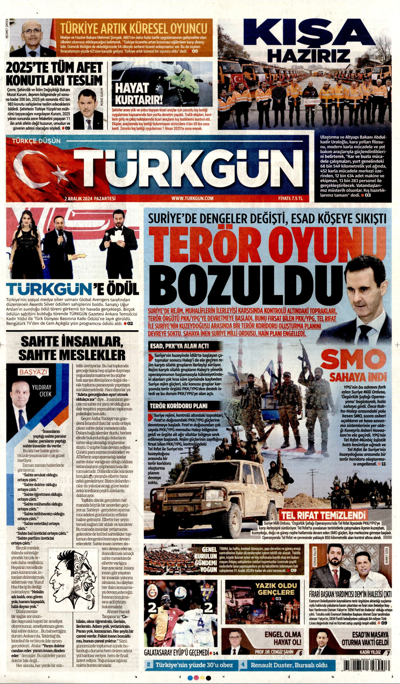 TÜRKGÜN gazetesinin 2 Aralık 2024 tarihli birinci sayfası
