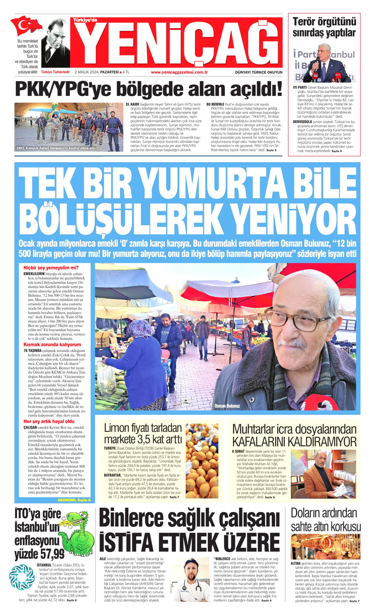 YENİÇAĞ gazetesinin 2 Aralık 2024 tarihli birinci sayfası