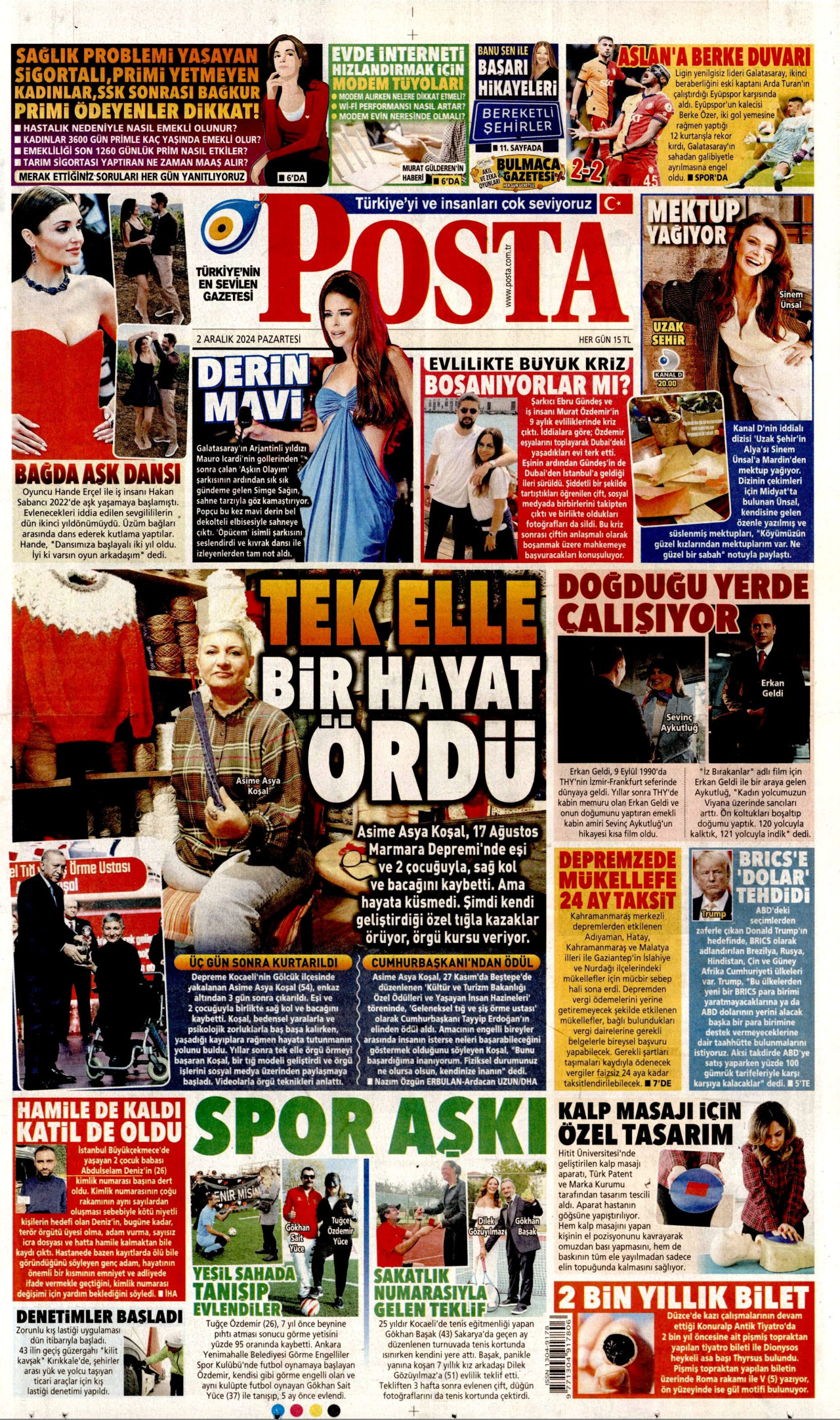 POSTA gazetesinin 2 Aralık 2024 tarihli birinci sayfası