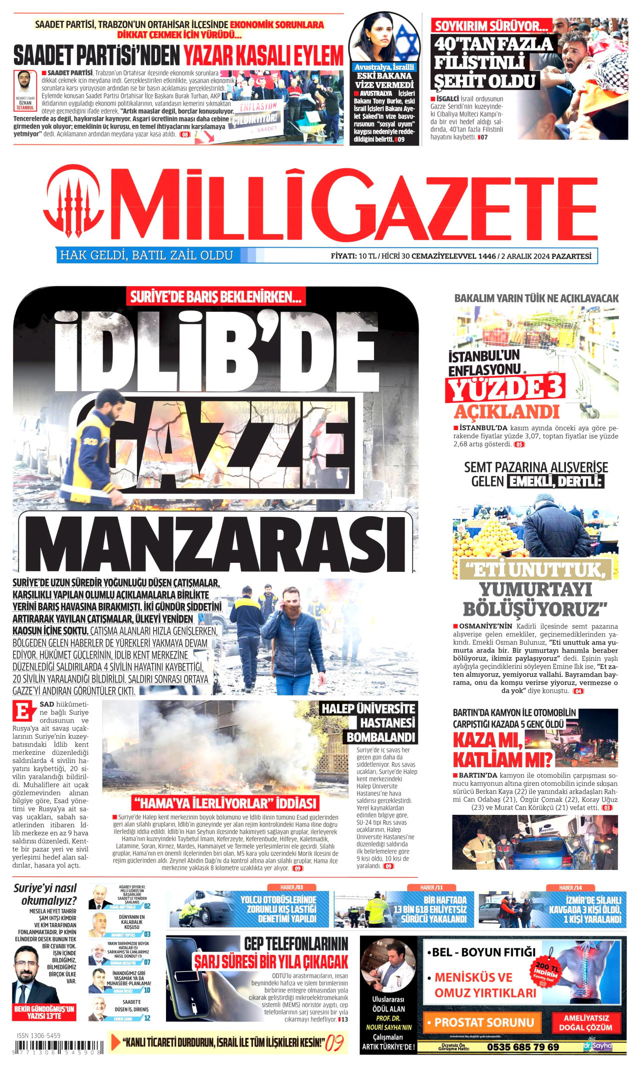 MİLLİ GAZETE gazetesinin 2 Aralık 2024 tarihli birinci sayfası