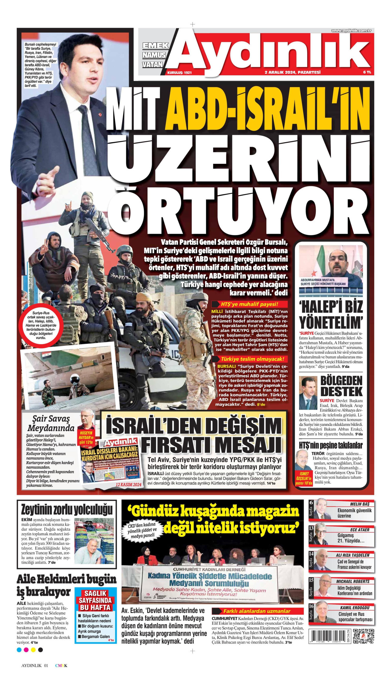 AYDINLIK GAZETESİ gazetesinin 2 Aralık 2024 tarihli birinci sayfası