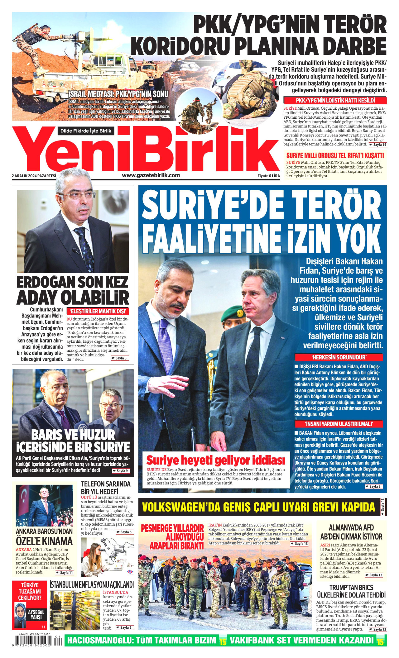 YENİBİRLİK gazetesinin 2 Aralık 2024 tarihli birinci sayfası