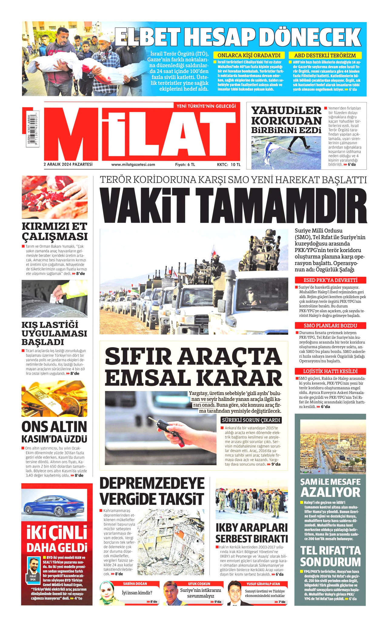 MİLAT gazetesinin 2 Aralık 2024 tarihli birinci sayfası