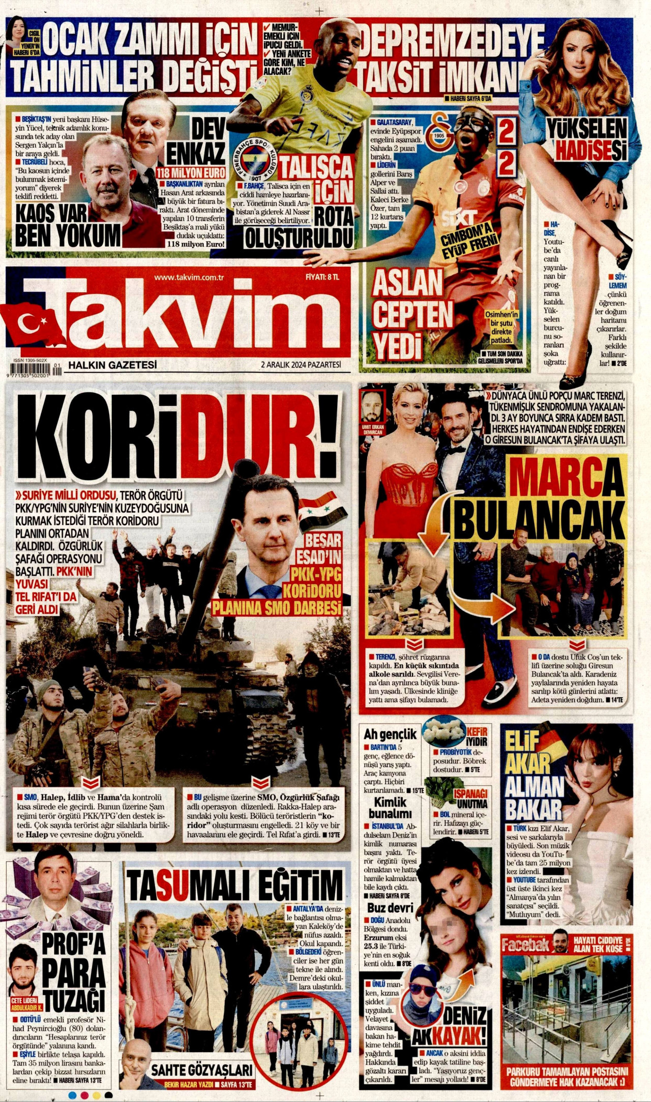 TAKVİM gazetesinin 2 Aralık 2024 tarihli birinci sayfası