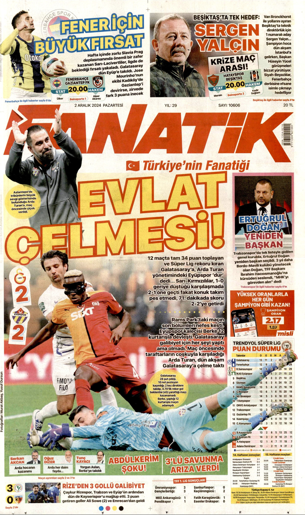 FANATİK gazetesinin 2 Aralık 2024 tarihli birinci sayfası