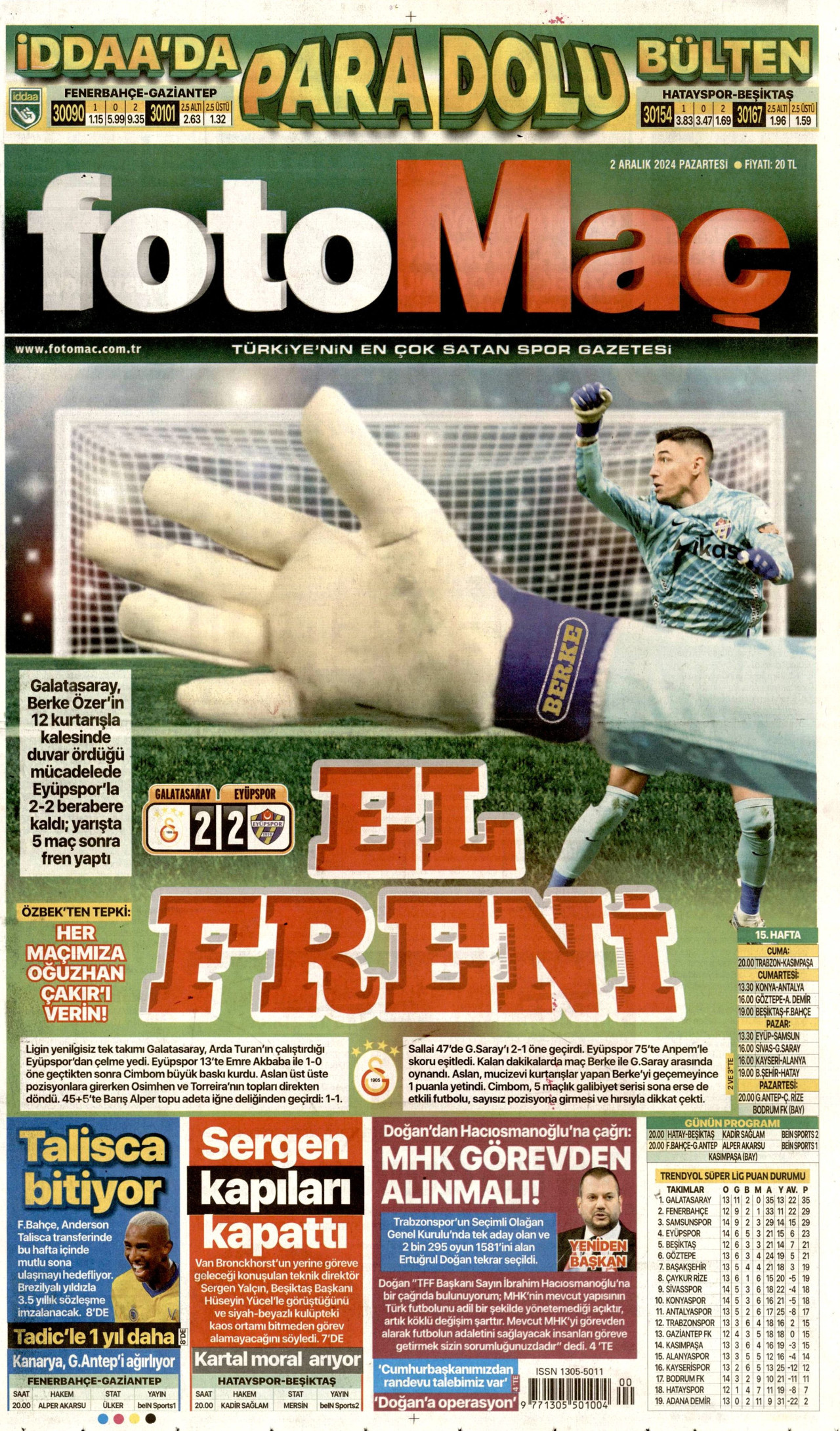 FOTOMAÇ gazetesinin 2 Aralık 2024 tarihli birinci sayfası