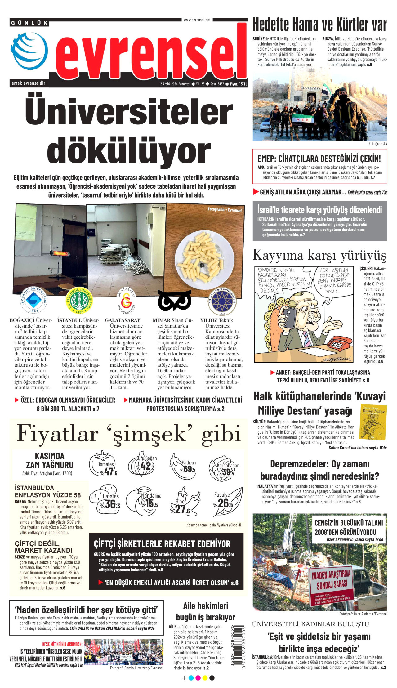EVRENSEL gazetesinin 2 Aralık 2024 tarihli birinci sayfası