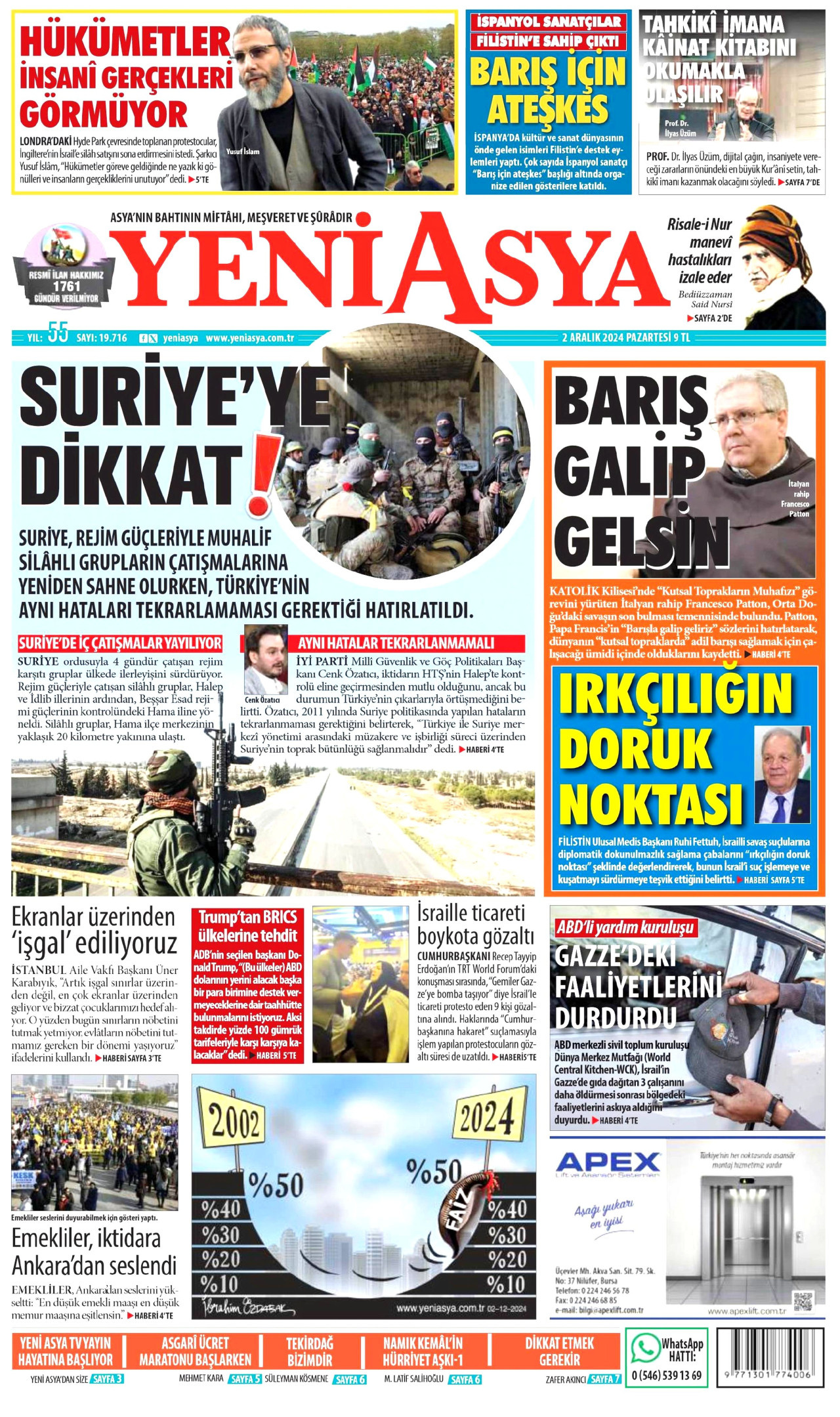 YENİ ASYA gazetesinin 2 Aralık 2024 tarihli birinci sayfası