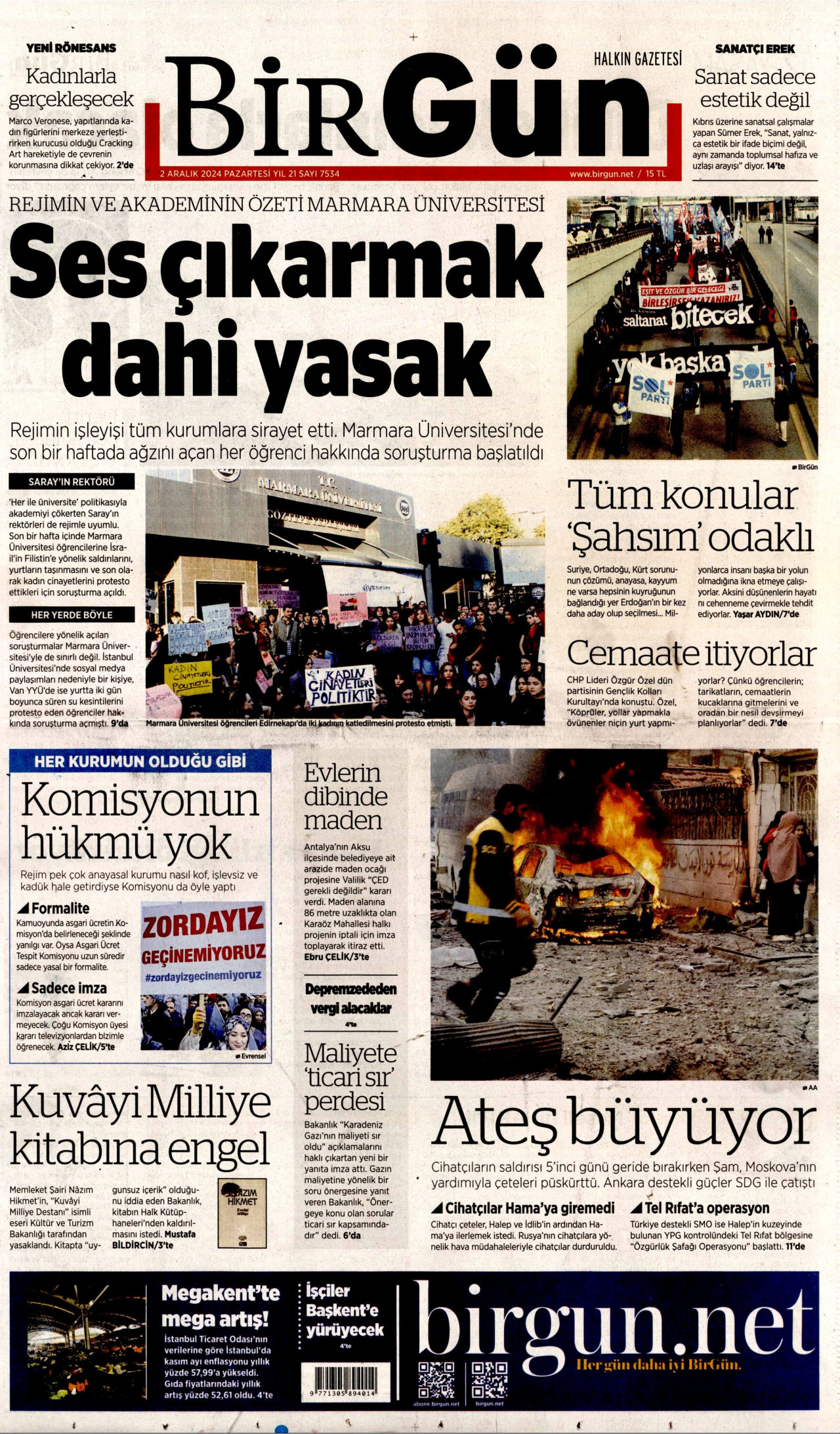 BİRGÜN gazetesinin 2 Aralık 2024 tarihli birinci sayfası