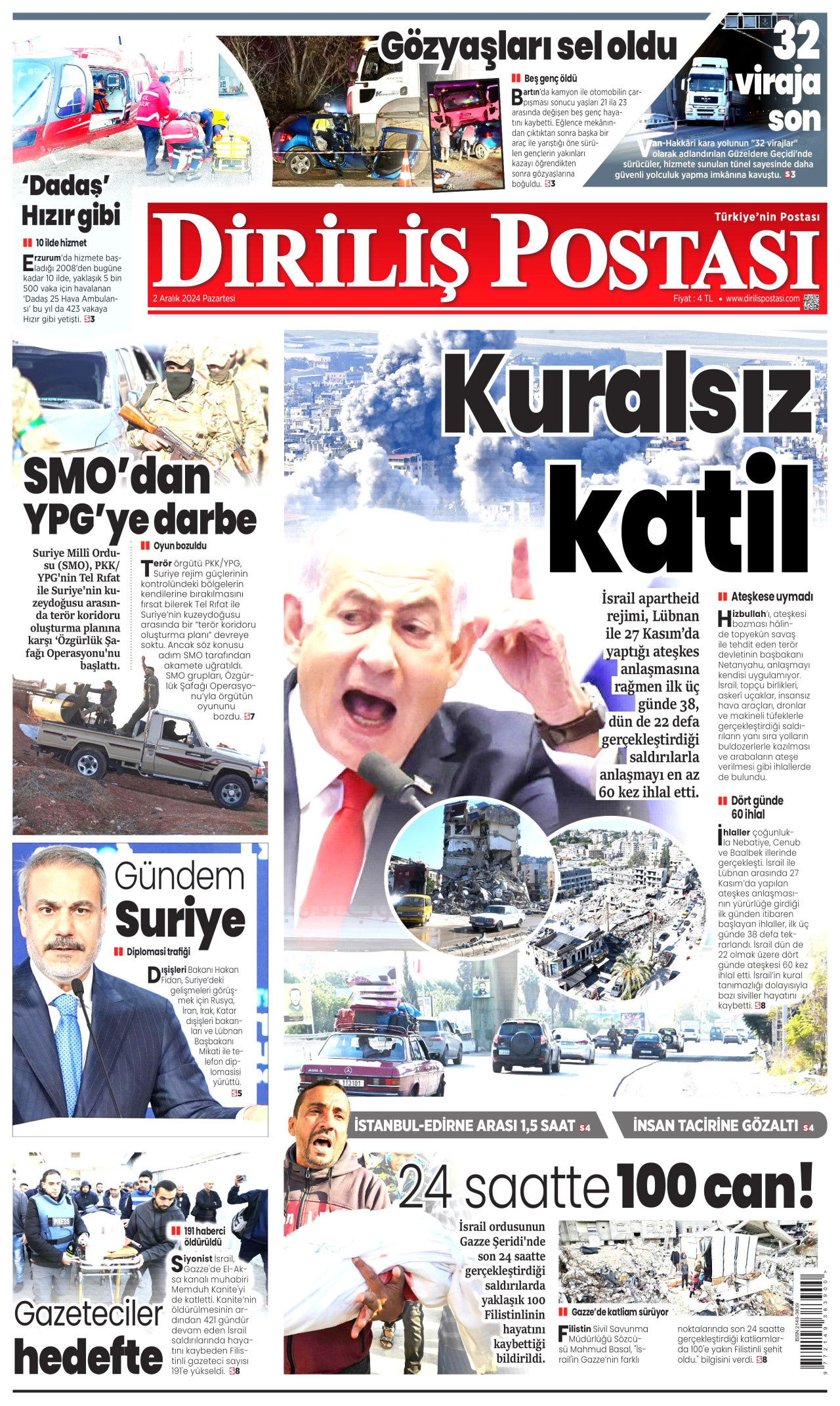 DİRİLİŞ POSTASI gazetesinin 2 Aralık 2024 tarihli birinci sayfası