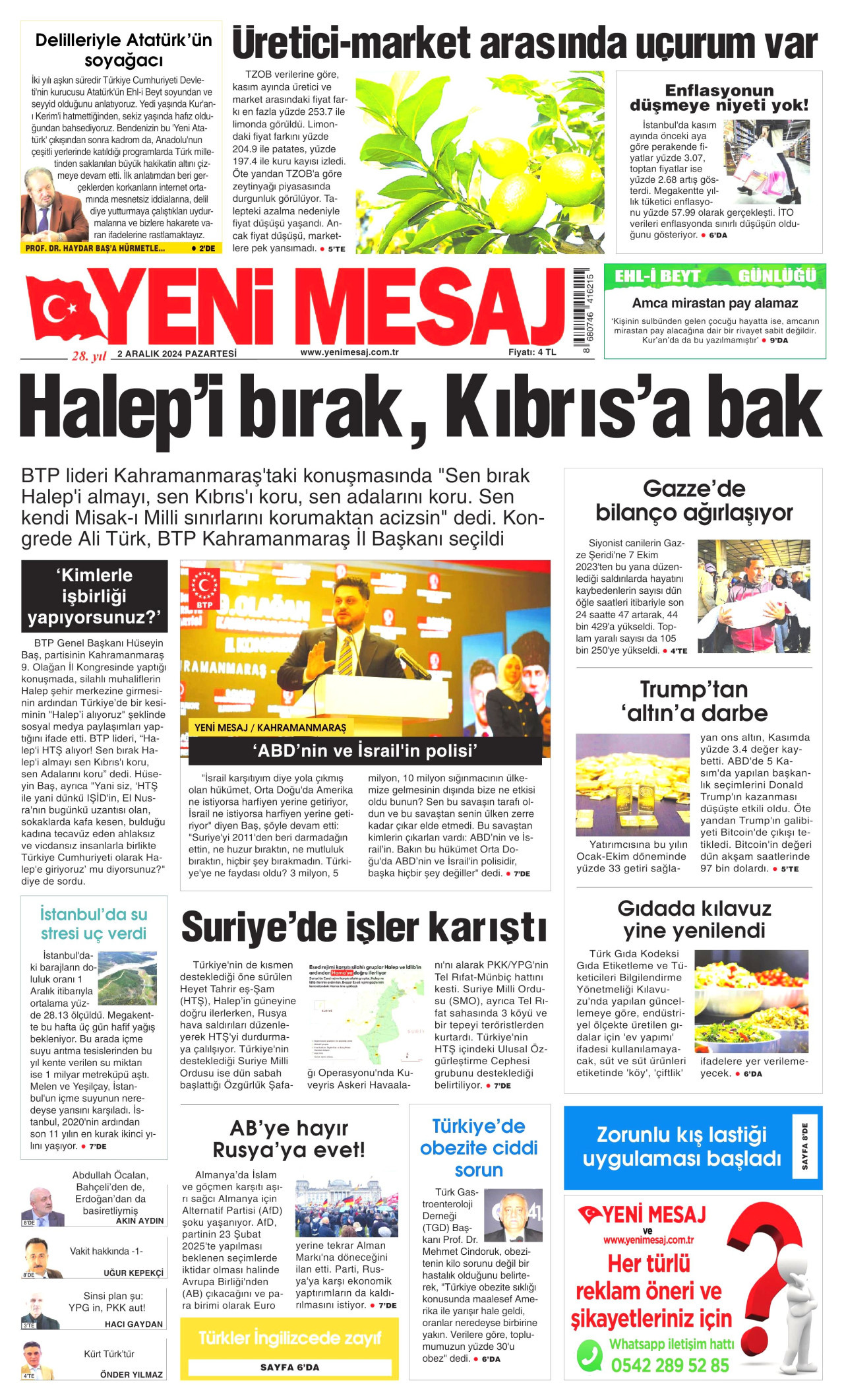 YENİ MESAJ gazetesinin 2 Aralık 2024 tarihli birinci sayfası