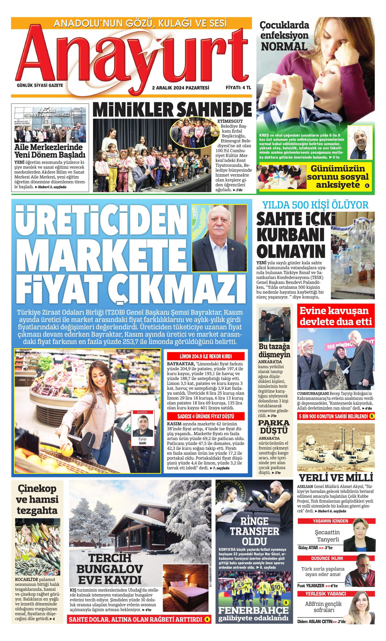 ANAYURT gazetesinin 2 Aralık 2024 tarihli birinci sayfası