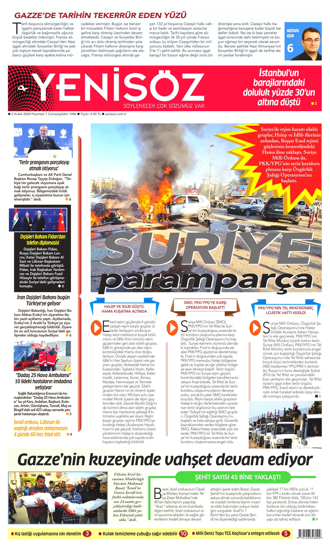 YENİ SÖZ GAZETESİ gazetesinin 2 Aralık 2024 tarihli birinci sayfası