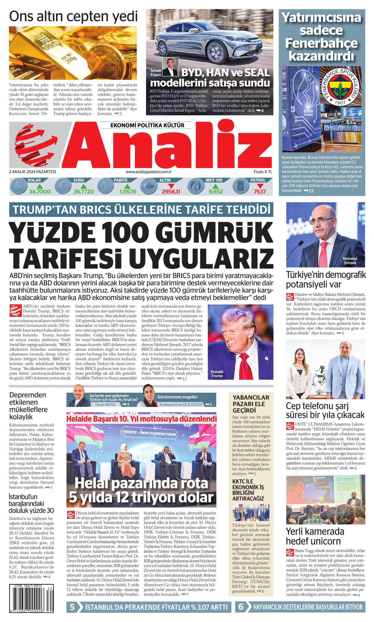 ANALİZ gazetesinin 2 Aralık 2024 tarihli birinci sayfası