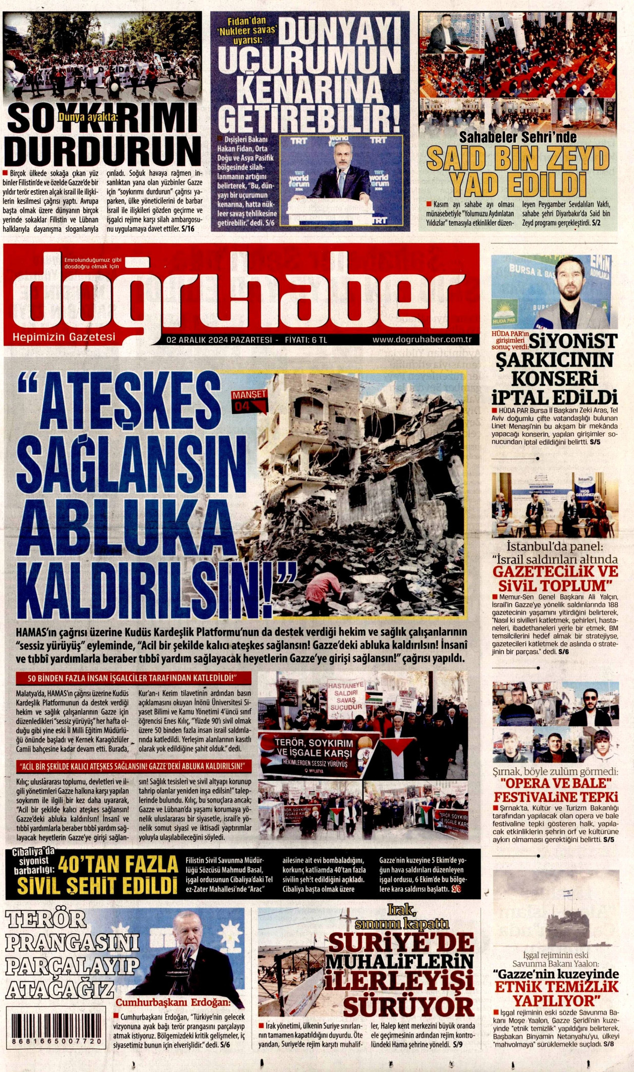 DOĞRU HABER gazetesinin 2 Aralık 2024 tarihli birinci sayfası