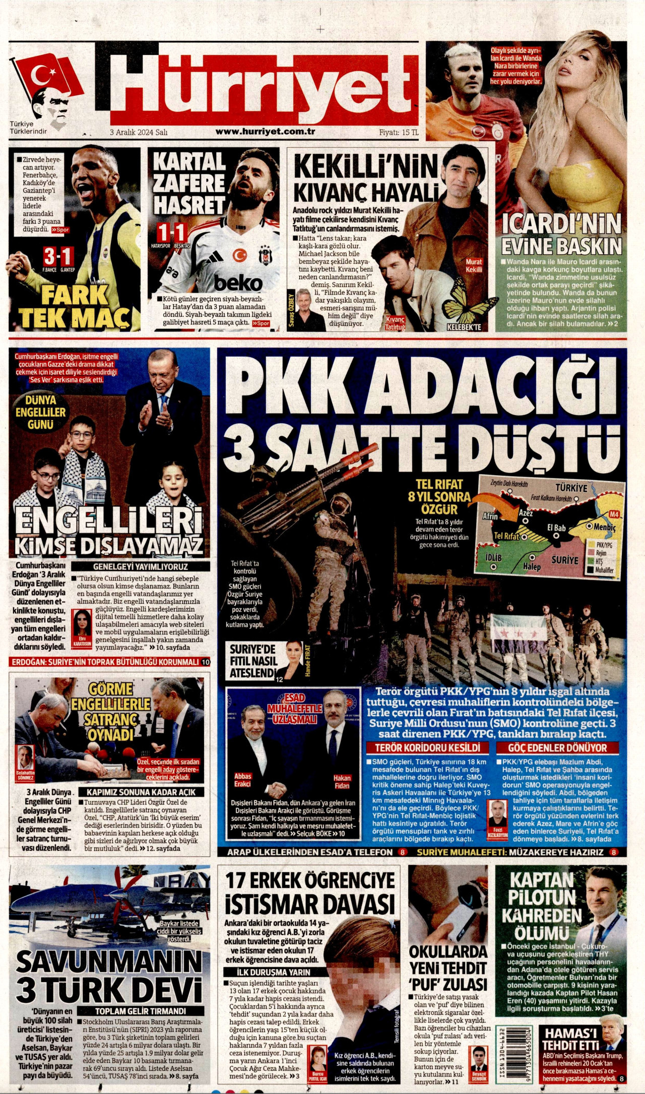 HÜRRİYET gazetesinin 3 Aralık 2024 tarihli birinci sayfası