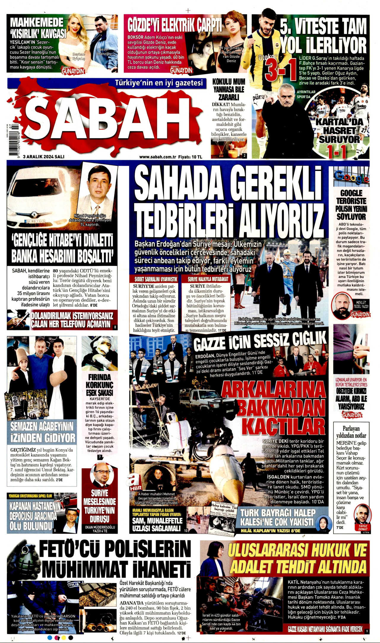 SABAH gazetesinin 3 Aralık 2024 tarihli birinci sayfası