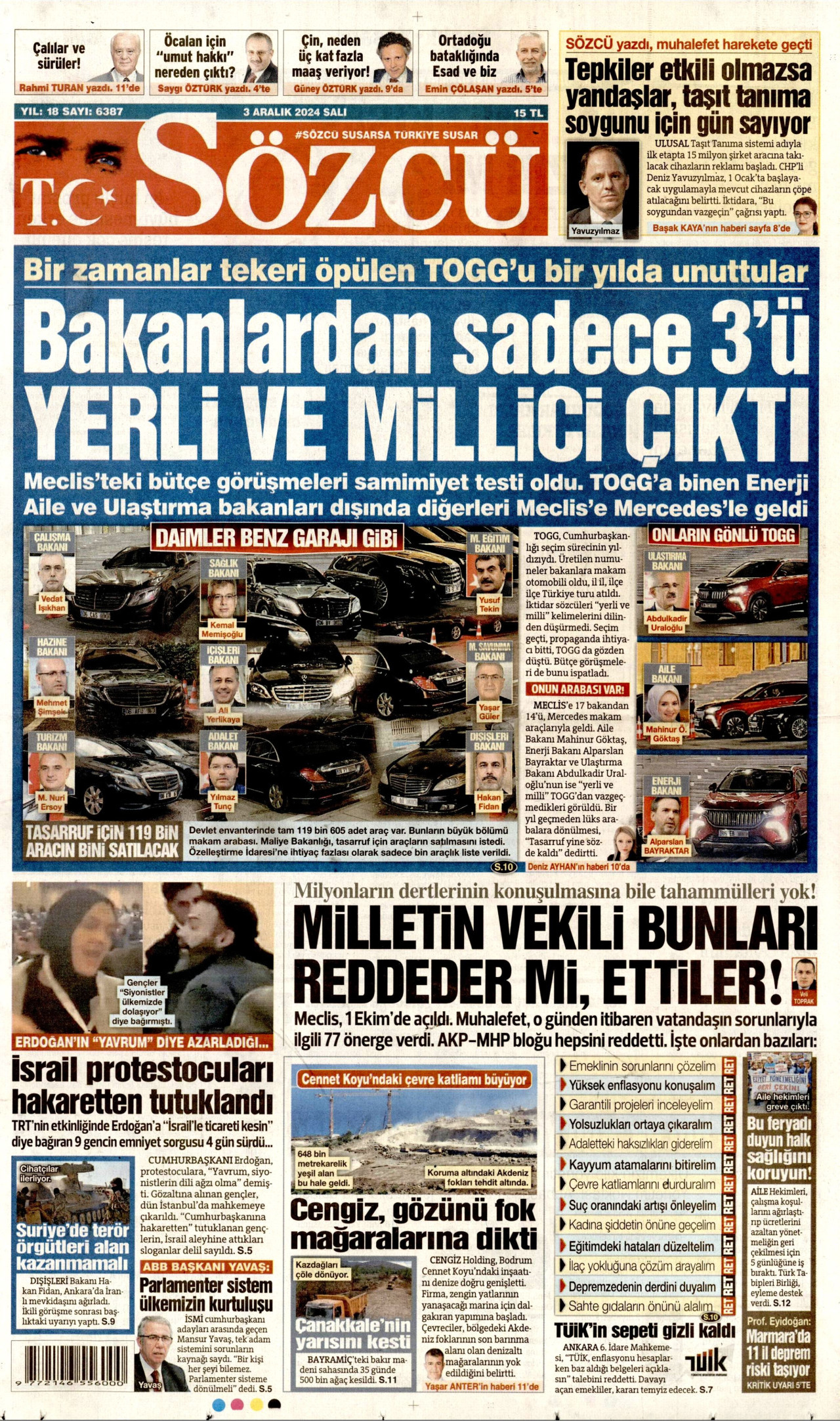 SÖZCÜ gazetesinin 3 Aralık 2024 tarihli birinci sayfası