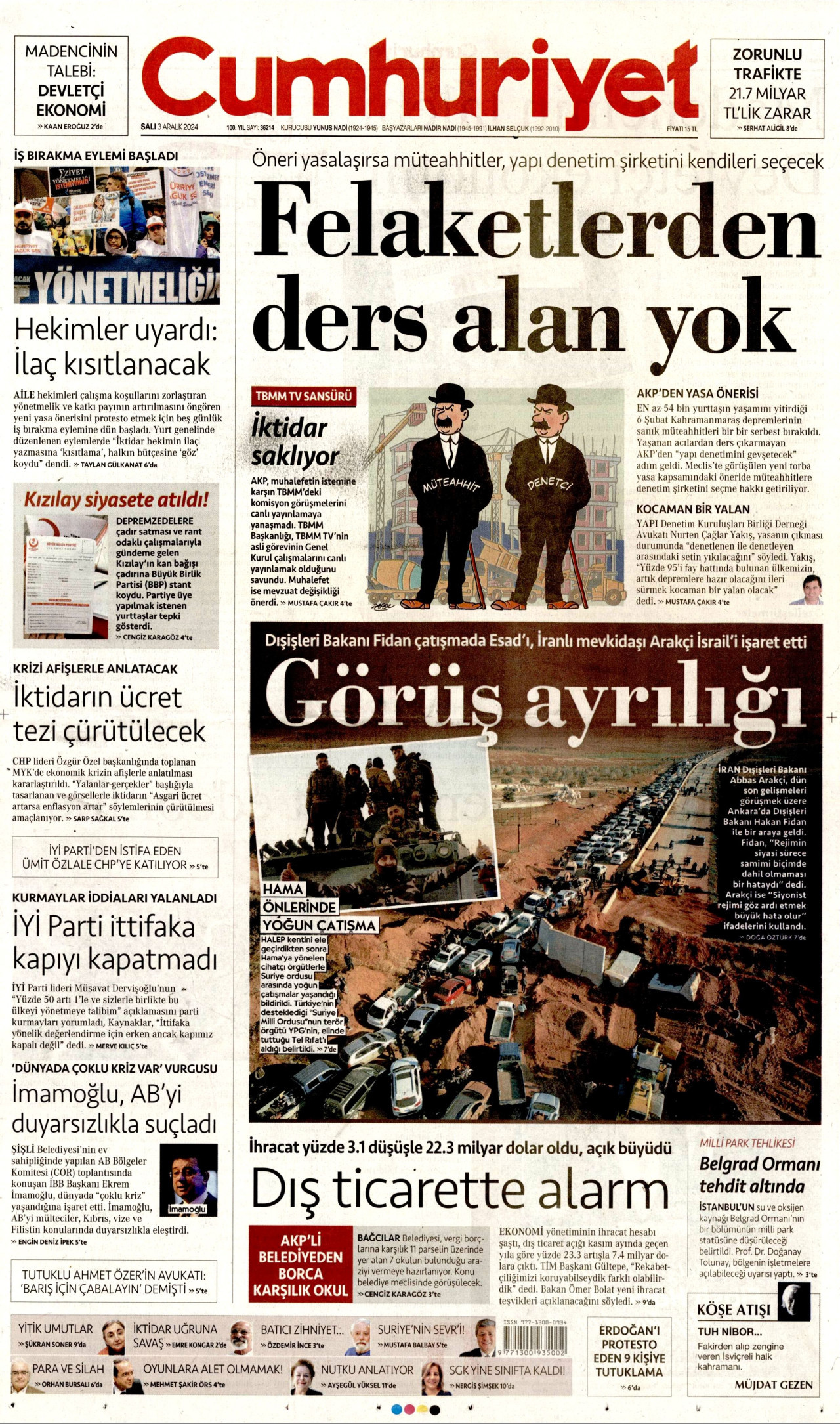 CUMHURİYET gazetesinin 3 Aralık 2024 tarihli birinci sayfası