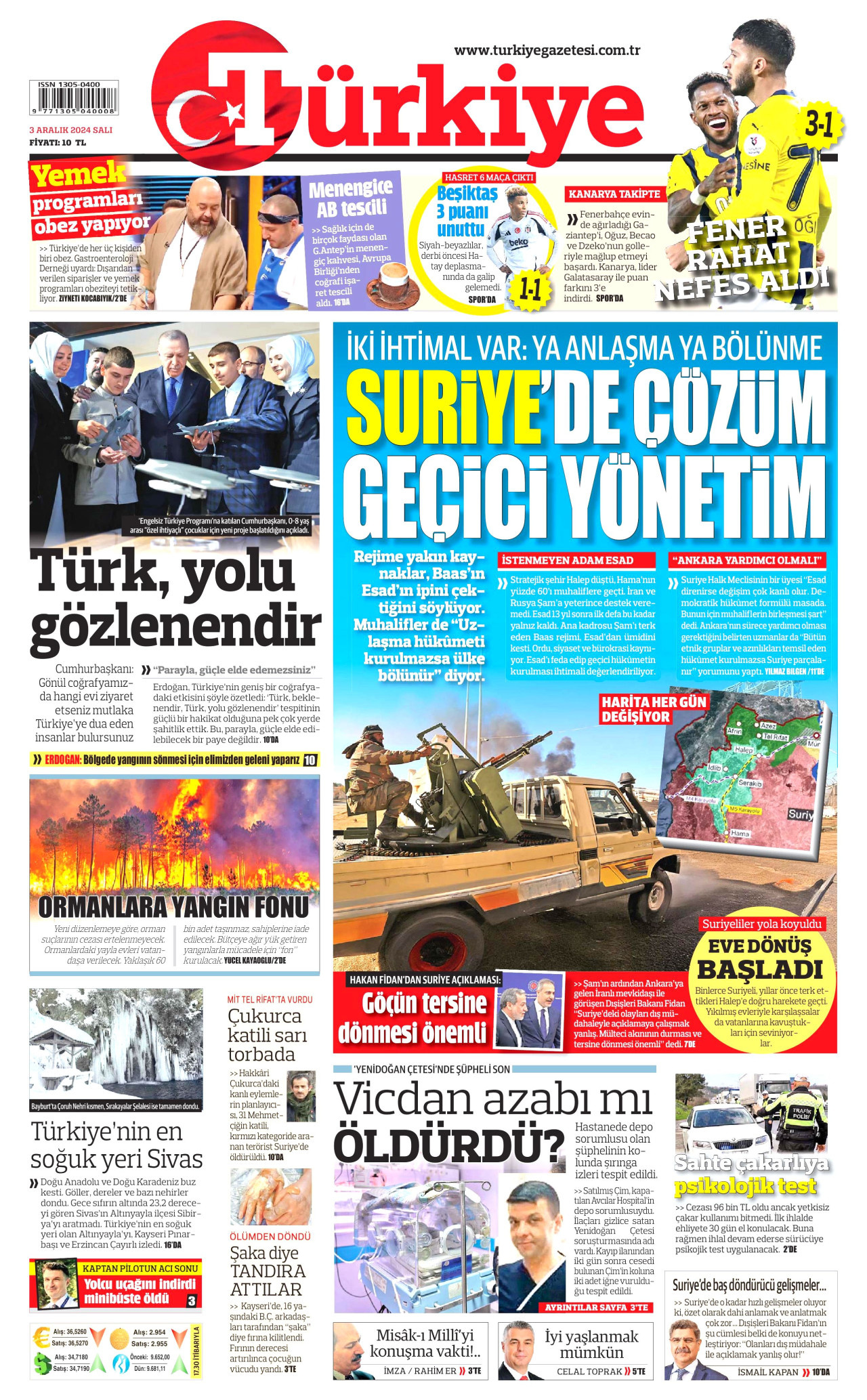 TÜRKİYE GAZETESİ gazetesinin 3 Aralık 2024 tarihli birinci sayfası