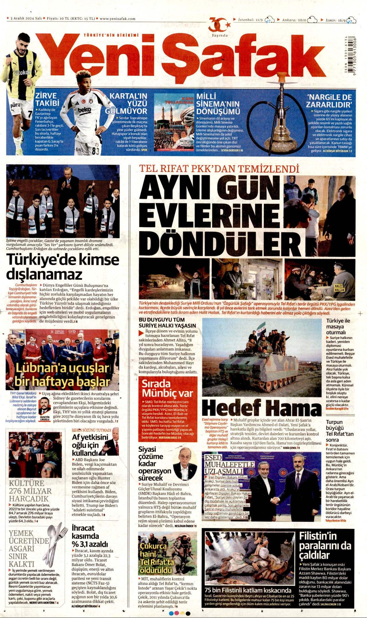 YENİ ŞAFAK gazetesinin 3 Aralık 2024 tarihli birinci sayfası